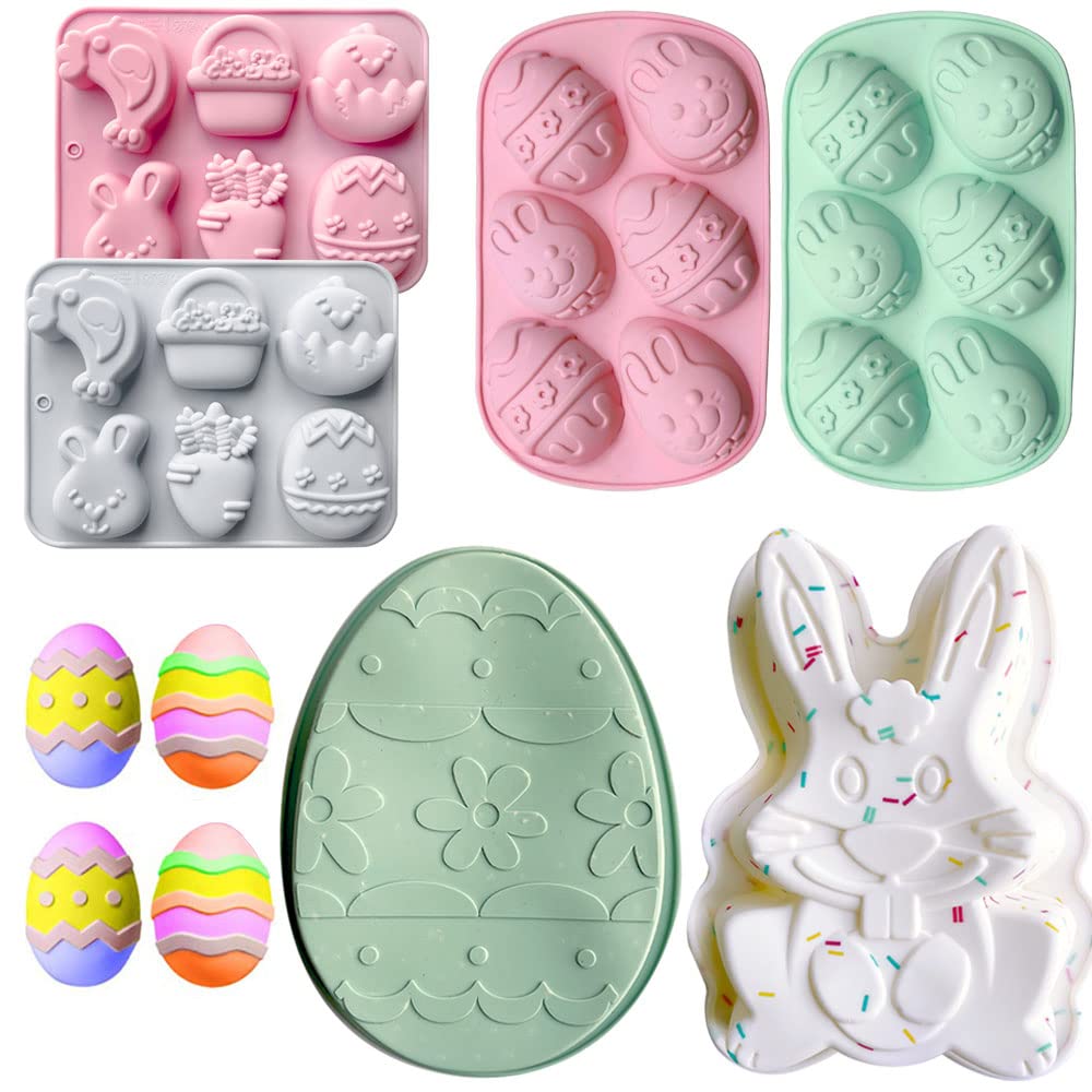 3D Easter Silicone Molds Set of 6 - Large & Medium Easter Egg, Bunny, Chicken, Carrot Chocolate Candy Molds for Baking, DIY Crafts, Easter Party Decorations & Holiday Treats