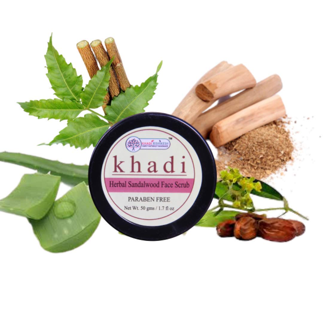 KHADI RISHIKESH Ayurvedic Sandalwood Face Scrub - Anti-Aging, Skin Brightening, Dark Spot Remover, Acne Treatment for All Skin Types (50g) | Gentle Exfoliator for Daily Skincare Routine & Glowing Complexion