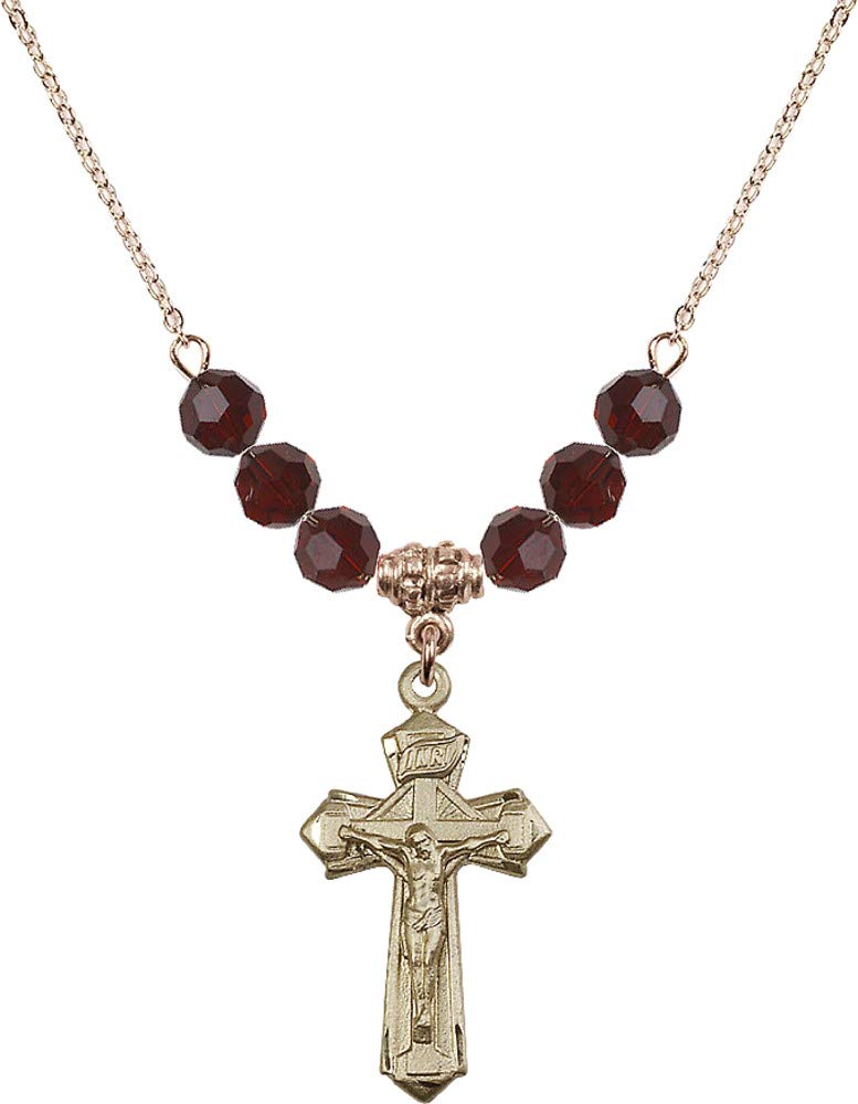 Bonyak 18K Gold Plated Hamilton Necklace with 6mm Red January Birthstone Beads & Crucifix Pendant - Perfect Gift for Birthdays, Anniversaries, and Special Occasions