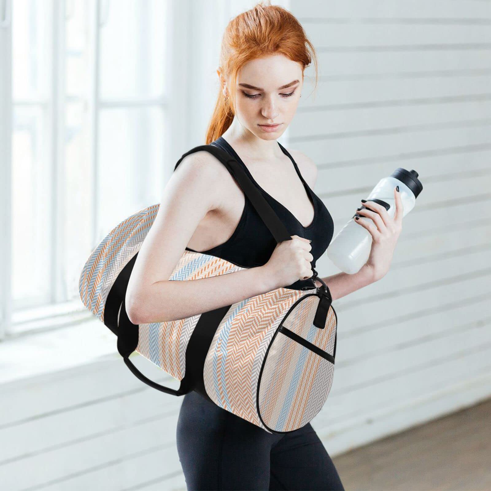 Acpiggto Gym Bag for Women & Men - Sporty Duffel Bag with Herringbone Pattern & Geometric Stripes - Orange & Blue Travel Luggage, Weekender Tote, Sling Shoulder Backpack for Gym, Work, School & Weekend Trips