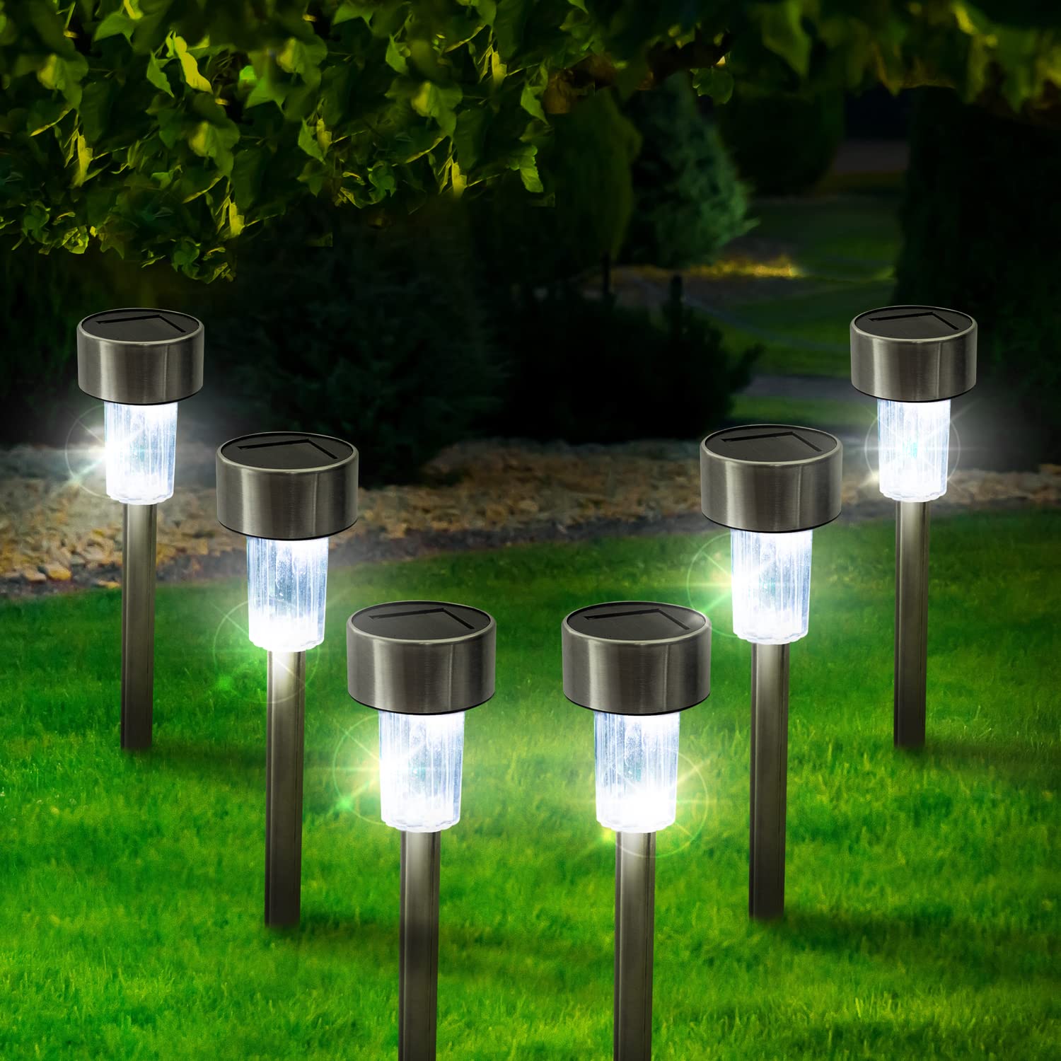 Solar Pathway Lights Outdoor - 6 Pack Bright LED Patio, Garden, Driveway, Landscape Lighting | IP44 Water Resistant Dusk to Dawn Yard Light | Cool White, Auto On/Off, Up to 8 Hours Battery Life | Perfect for Walkways, Backyards & Outdoor Decor