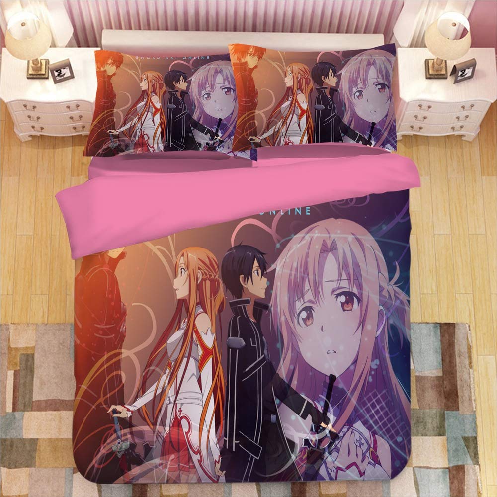 Sword Art Online Anime Bedding Set - Kirito & Asuna 3D Printed Duvet Cover & Pillow Shams (3-Piece) | Japanese Anime Themed Bedroom Decor for Teens & Fans | Perfect for Anime Lovers' Rooms, Gaming Setups, and Themed Bedrooms