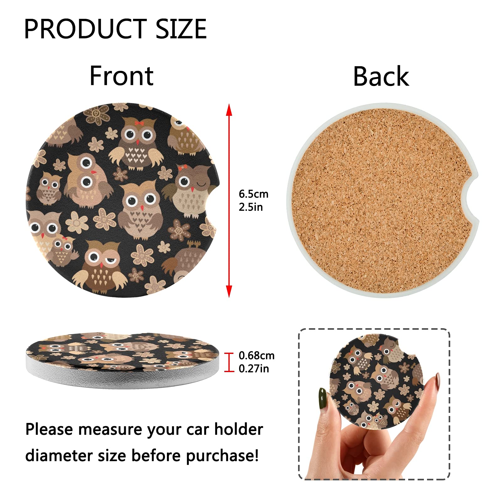 Xigua Cute Owl Car Coasters 2 Pack - Absorbent Ceramic Stone Cup Holders for Cars with Non-Slip Grip - Perfect for Coffee, Soda & Water Bottles in Vehicles