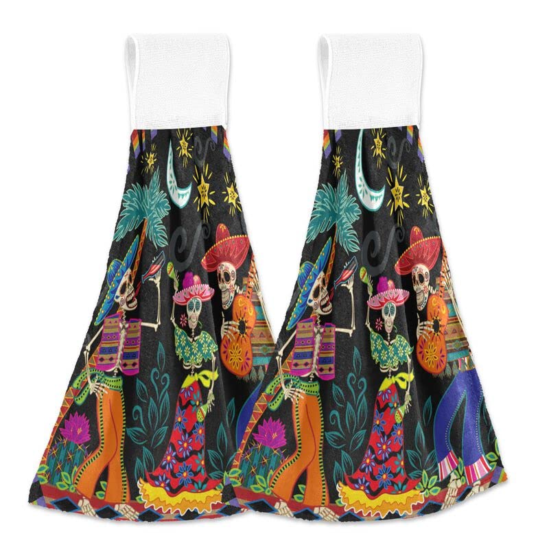 Skull Print Halloween Kitchen Towels - 2 Pack Soft Absorbent Dish Cloths with Hanging Loop - Day of The Dead Bathroom Hand Towels for Oven, Stove Handle & Tabletop - Perfect for Halloween Party Decor, Dia de Los Muertos Celebration & Gothic Home Decor