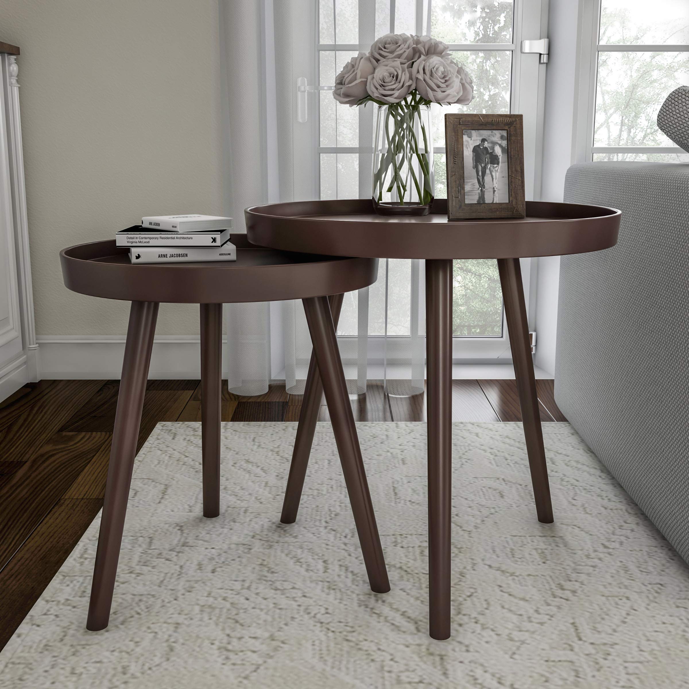 Lavish Home Nesting Side Tables - Set of 2 Round End Tables for Living Room, Bedroom, or Home Office - Mid-Century Modern Accent Table Set with Tray Tops - Brown Wood Nightstands - Perfect for Small Spaces, Coffee Table Alternatives & Stylish Home Decor