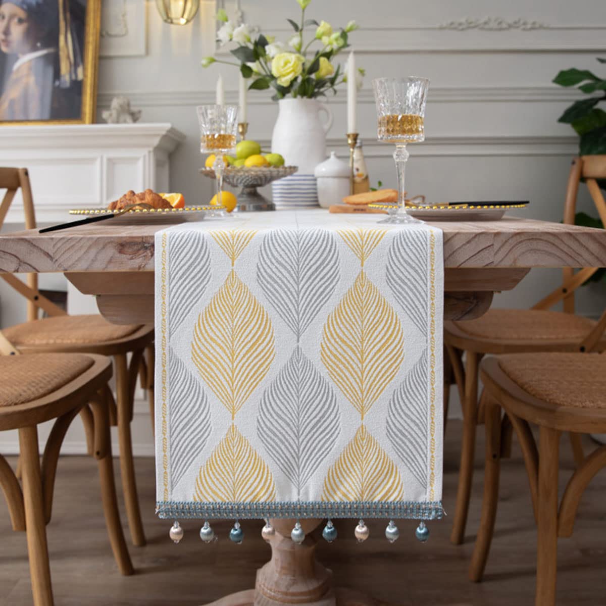 Bringsine Jacquard Table Runner with Tassels - 71 Inch Rectangle Heavy Duty Washable Fabric for Coffee & Dining Tables - Yellow Leaves Design - Perfect for Holiday Parties, Wedding Decor & Home Dining Room Decorations