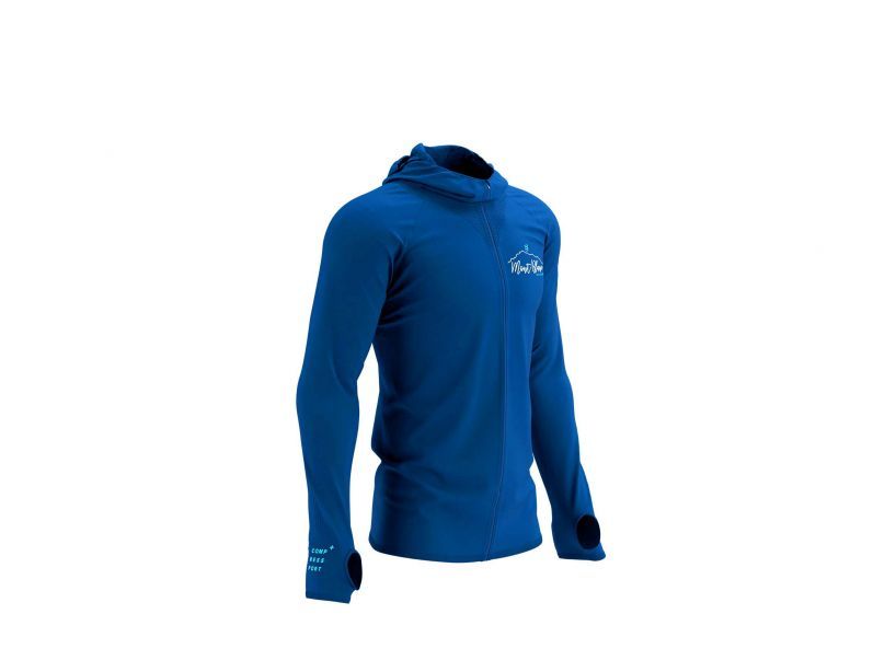 Compressport Men's 3D Thermo Seamless Zip Hoodie - Lightweight Running Jacket for Cold Weather - Mont Blanc 2022 Edition in Blue - Perfect for Jogging, Hiking & Outdoor Activities