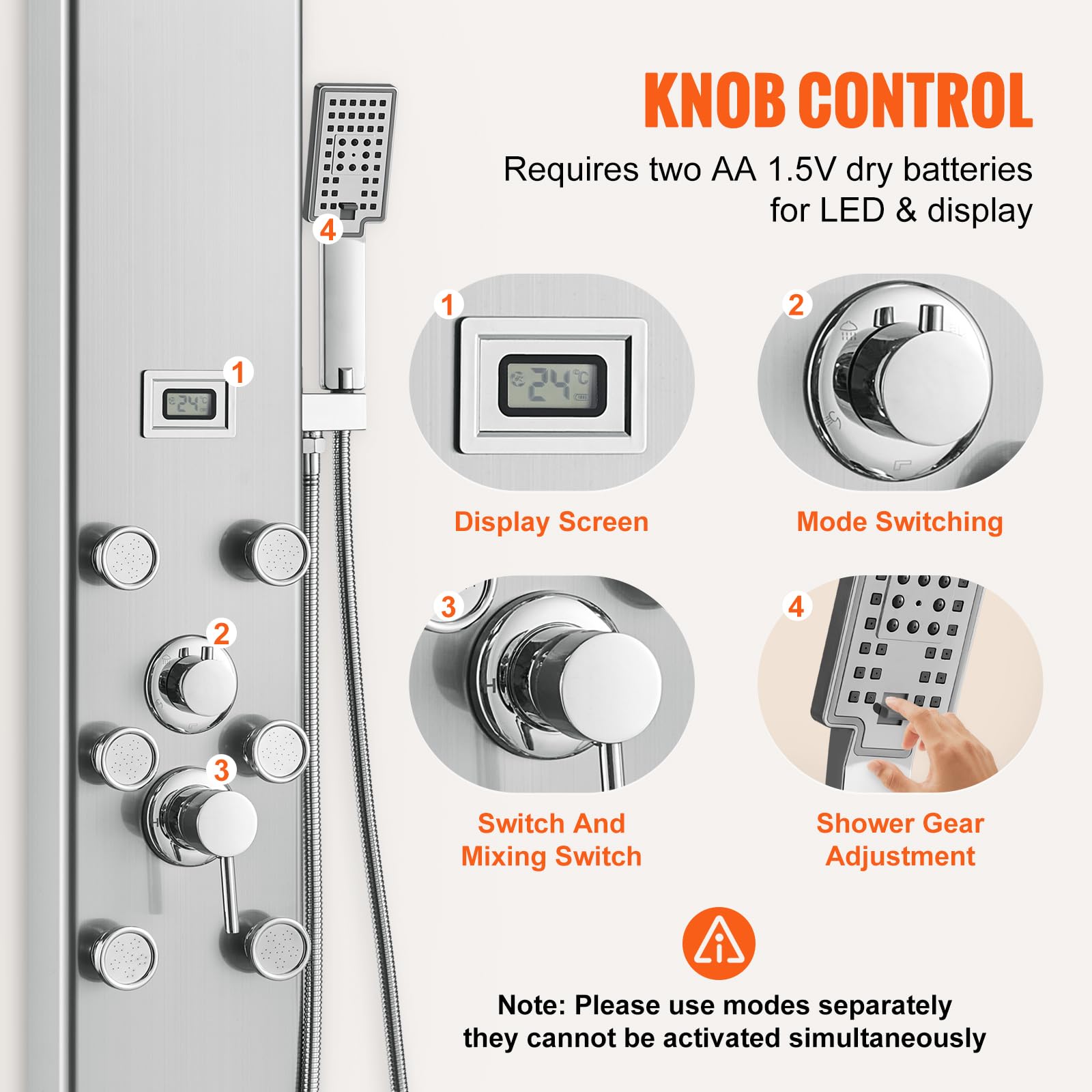 VEVOR Stainless Steel Shower Tower Panel with 5 Modes & Digital Display - Rainfall Shower, 8 Massage Jets, Tub Spout & 3-Setting Handheld Shower Head with 59