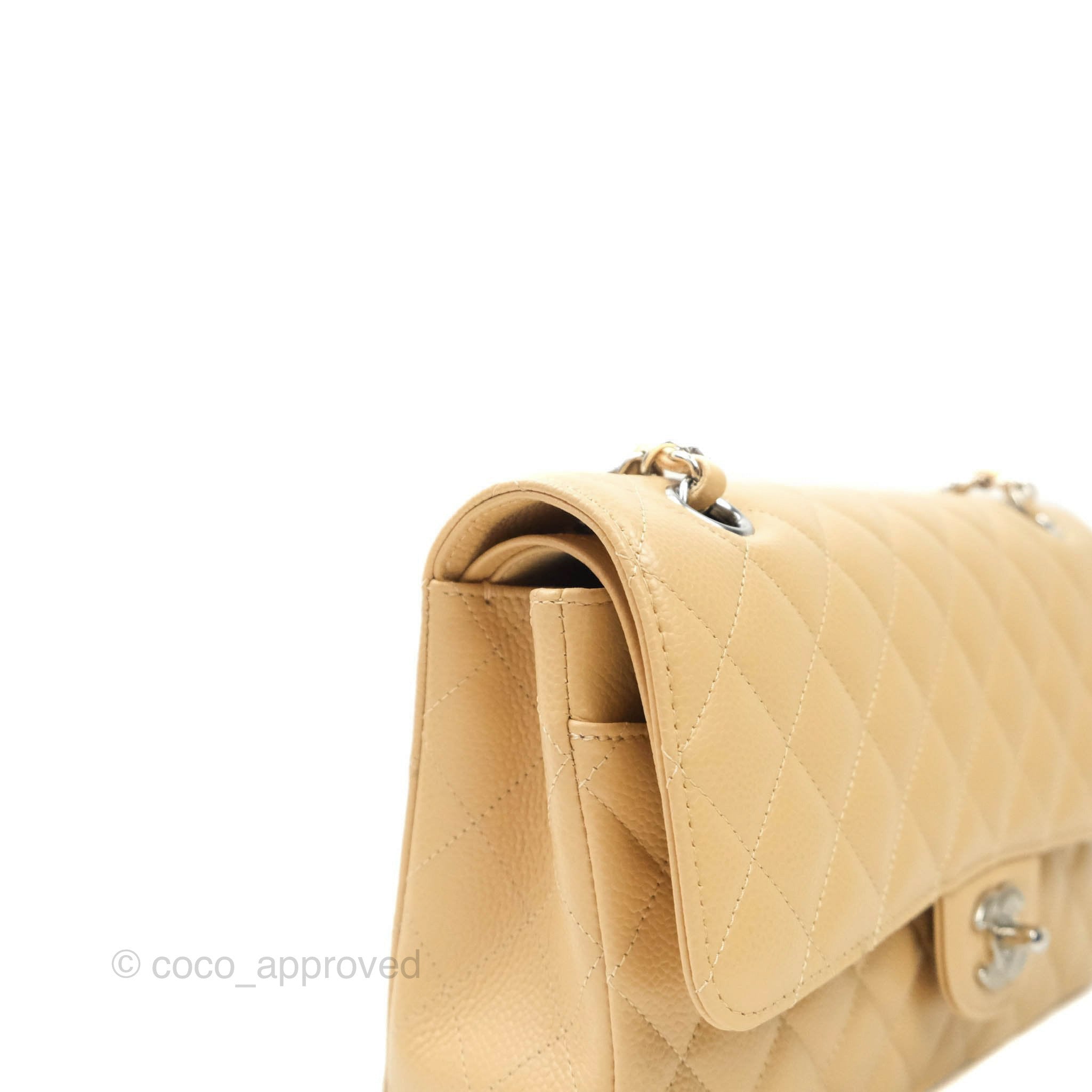 Chanel Classic M/L Medium Double Flap Bag in Beige Caviar Leather with Silver Hardware - Luxury Handbag for Women, Perfect for Work, Parties & Everyday Use