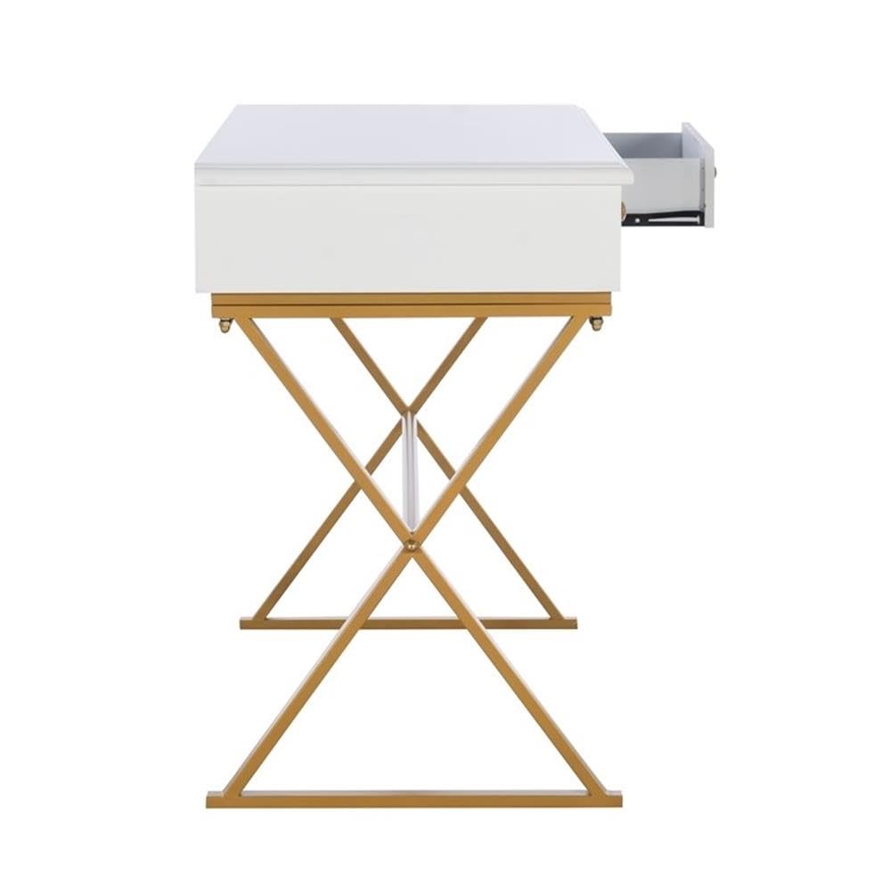 Modern 2-Drawer Wood and Metal Office Desk in White & Gold - Stylish Home Office Furniture for Small Spaces, Work from Home & Study Rooms