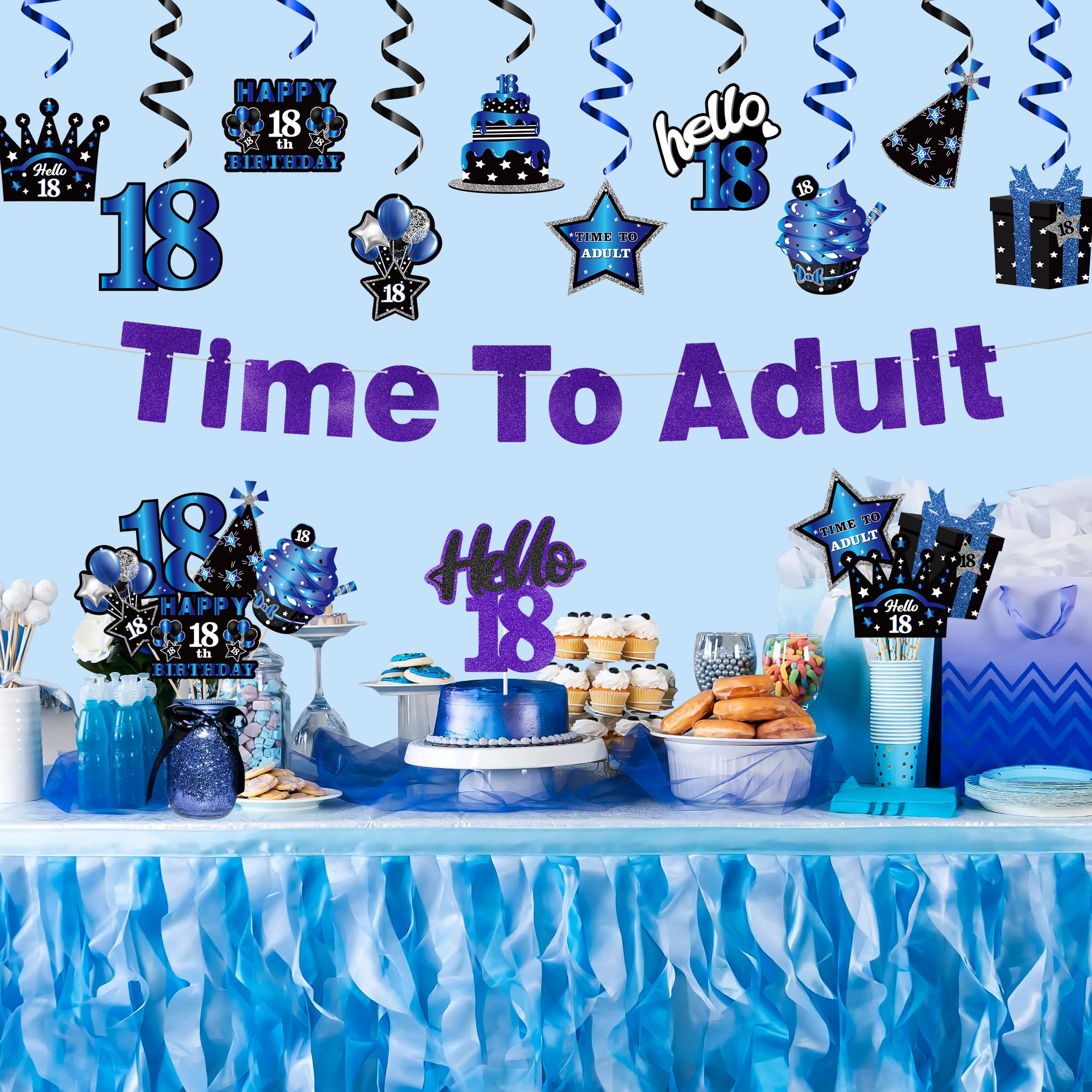 WATINC 42-Piece Blue Black Purple 18th Birthday Party Decorations Set - Hanging Garland Swirls, Cake Toppers & Centerpieces for 18-Year-Old Boys & Girls - Perfect for Birthday Parties, Adult Celebrations & Cake Decorations