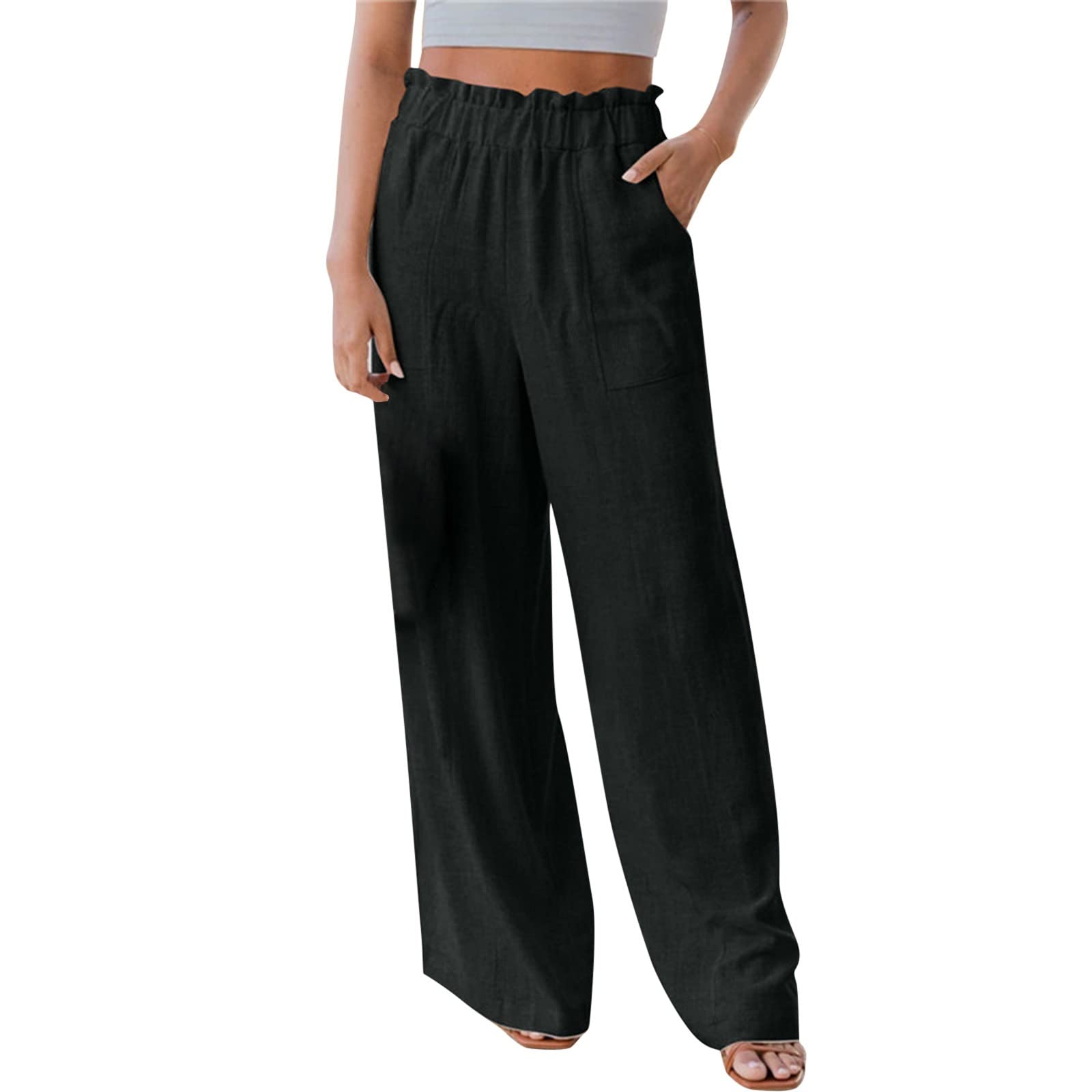 Women's High Waist Cotton Linen Wide Leg Pants - Breathable Loose Casual Trousers for Summer, Elegant Black Palazzo Pants for Work, Travel & Boho Style Outfits