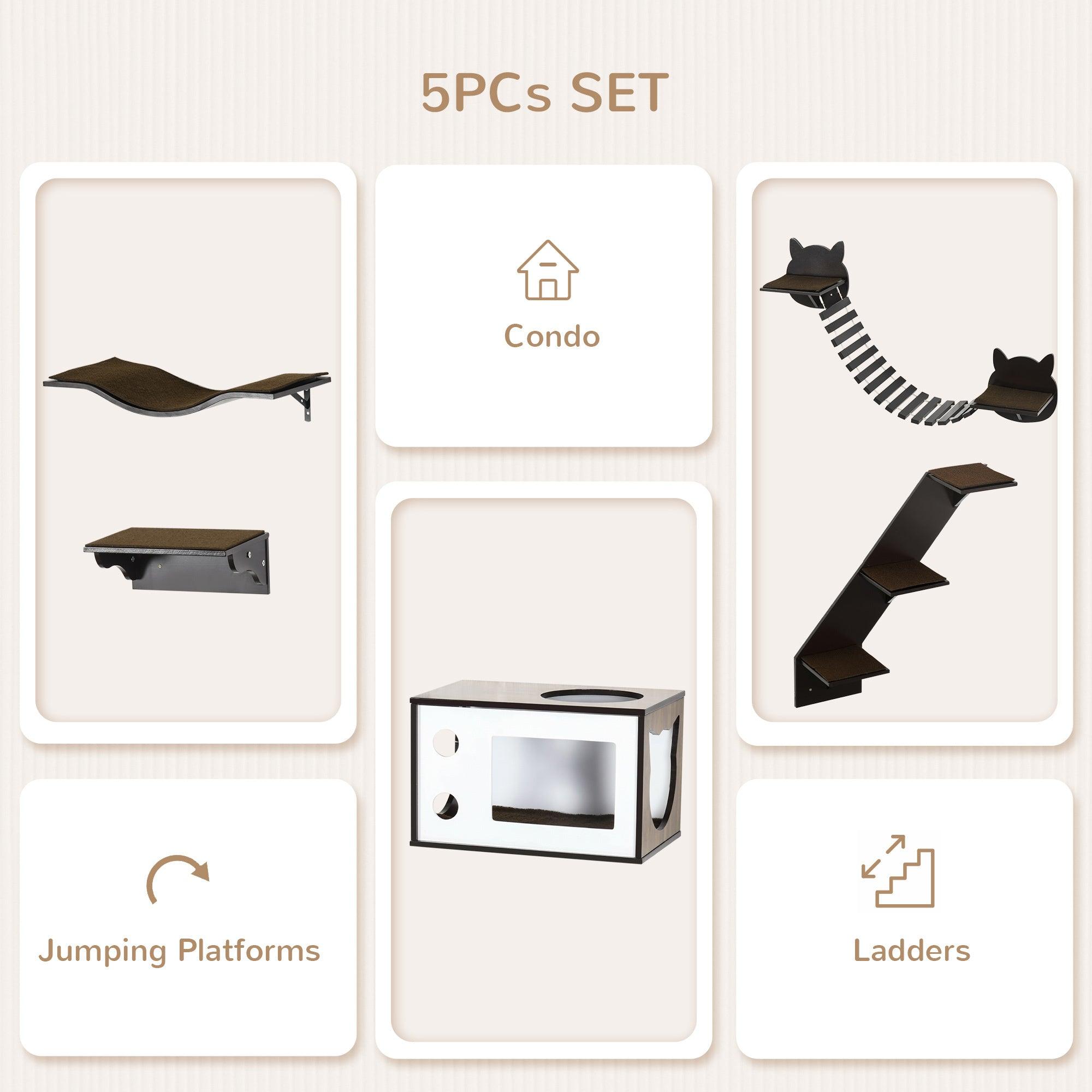 Ergonomic Cat Shelves with Cozy House, Bridge & Stairs - Wall Mounted Cat Climbing Playground for Indoor Cats - Modern Coffee Brown Cat Tree for Play, Rest & Exercise