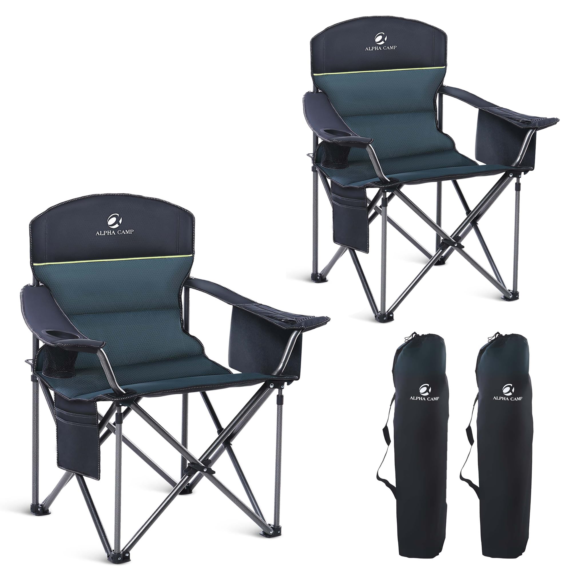 Oversized Folding Camping Chair Heavy Duty 450LBS Capacity - Portable Outdoor Padded Lawn Chair with Cup Holder, Storage Pocket & Cooler Bag - 2 Pack Green - Perfect for Camping, Travel, Picnics, Beach, Backyard & Outdoor Events