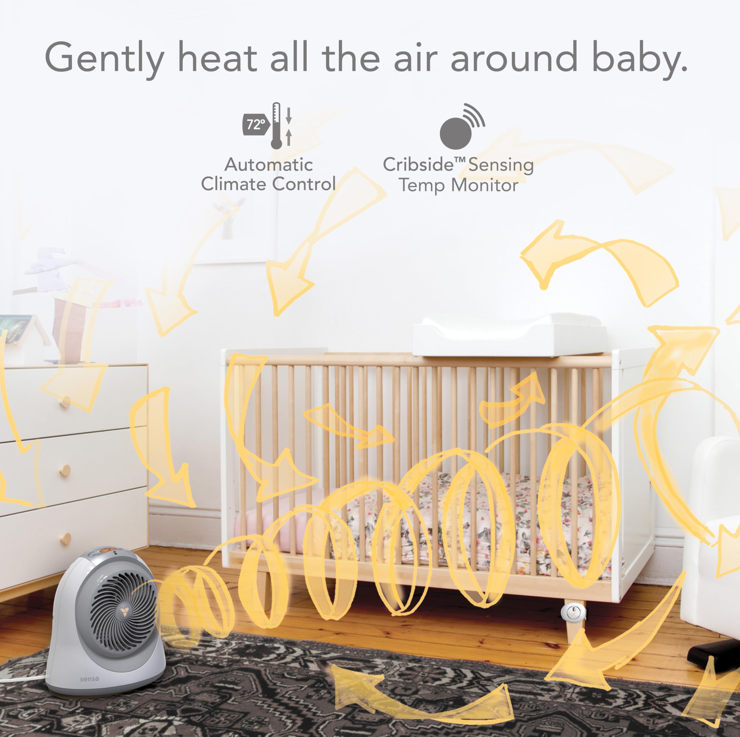 Sensa Nursery Space Heater - 1200W Adjustable Thermostat Electric Heater for Baby Room with Safety Features (Locking Controls, Tip-Over Protection, Auto Shutoff) | Perfect for Nursery, Bedroom & Winter Use