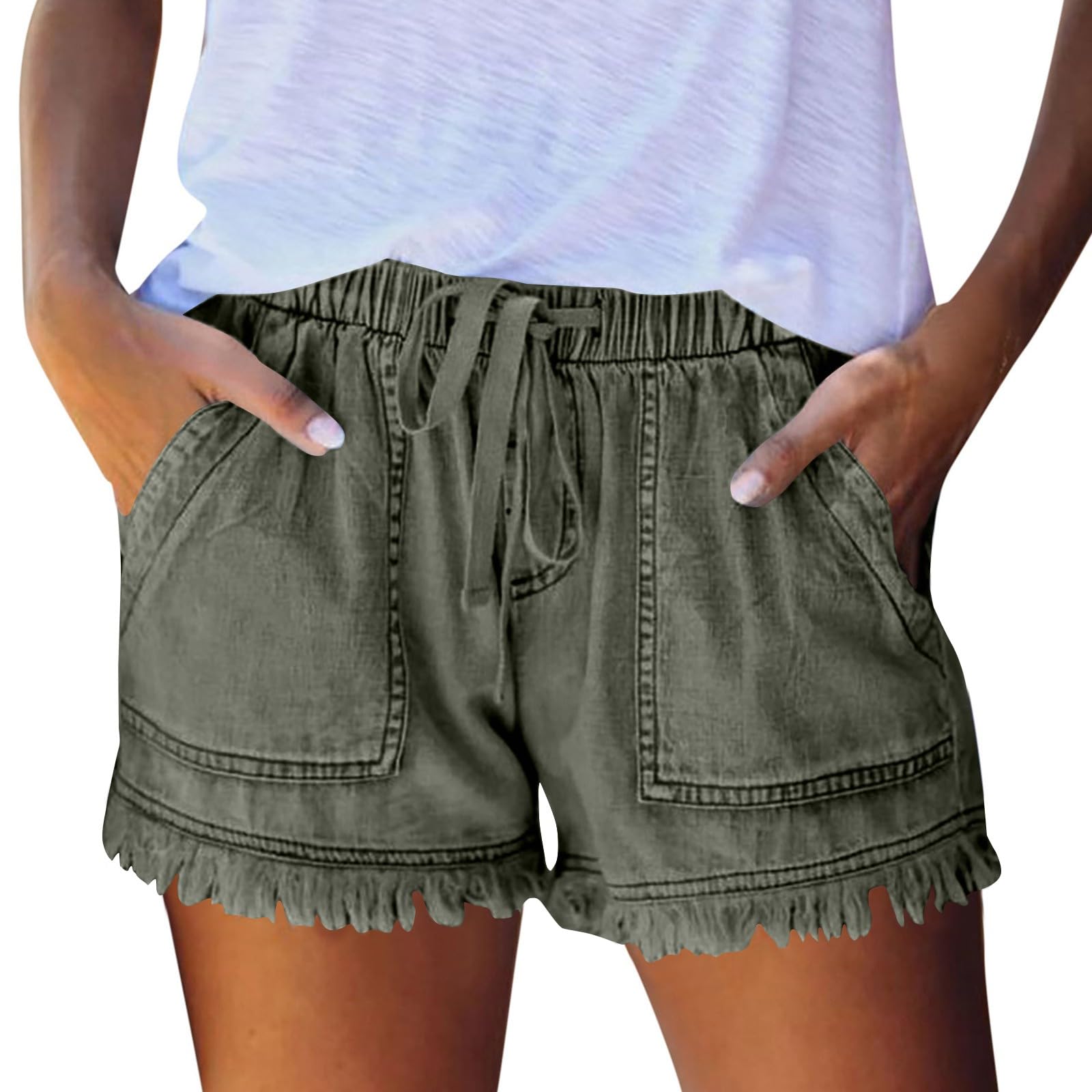 Women's High Waisted Denim Shorts - Stretchy Casual Jean Shorts with Drawstring & Frayed Hem | Summer Fashion with Pockets | Perfect for Beach, Music Festivals & Everyday Wear