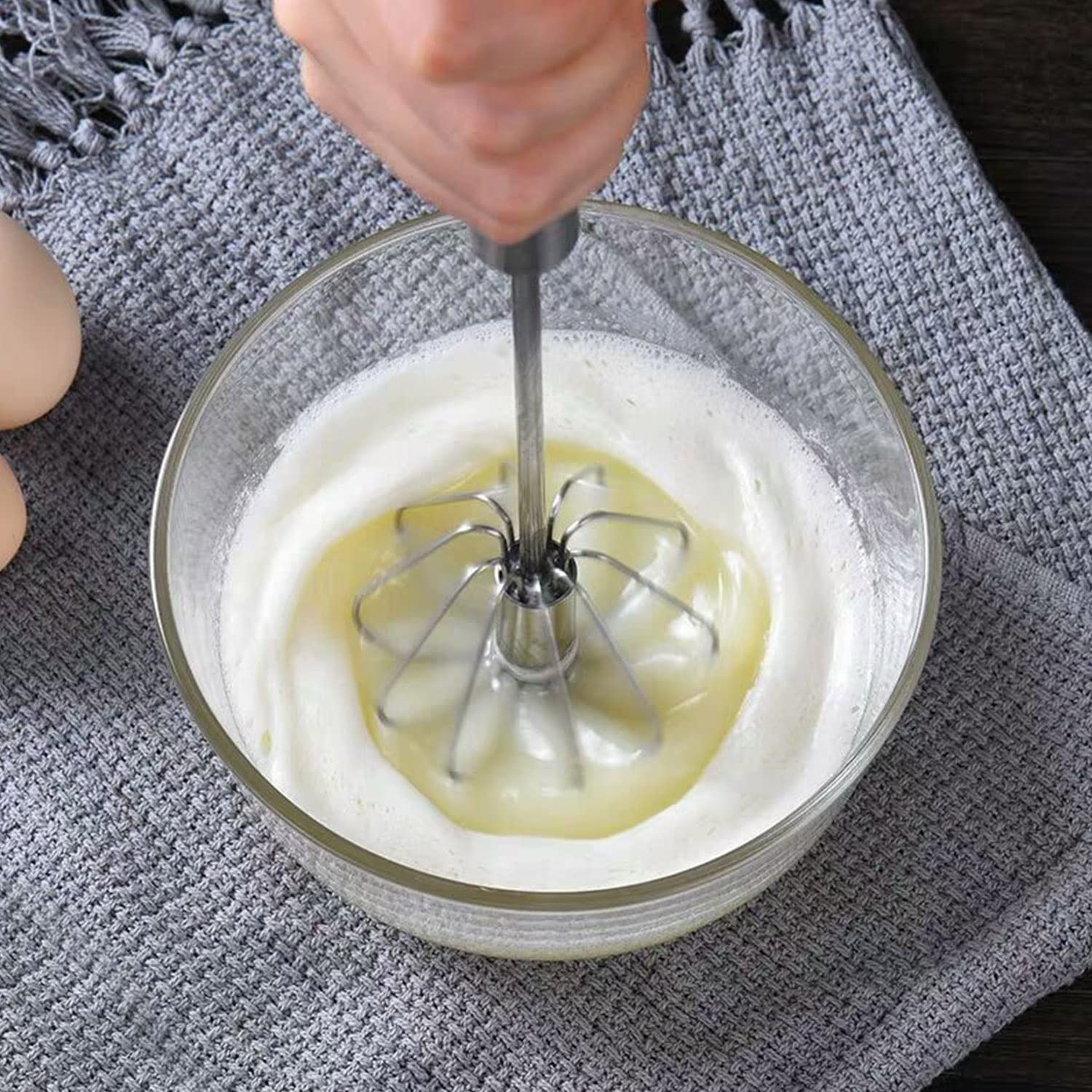 Stainless Steel Hand Push Rotary Whisk - Semi-Automatic Egg Beater for Cream, Baking, Mixing & Whipping - Perfect for Kitchen, Baking & Cooking (Silver)