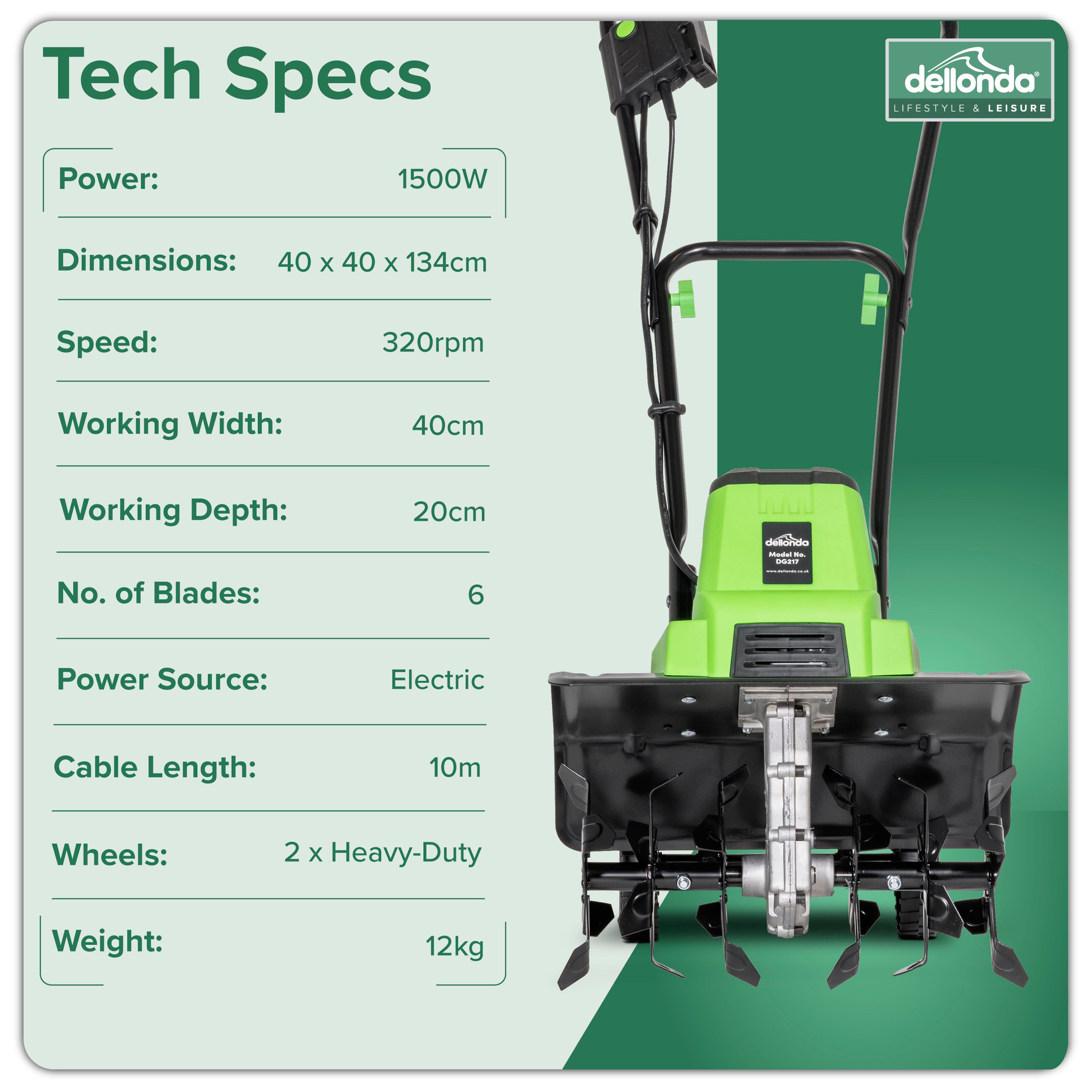 1500W Electric Tiller Cultivator - 40cm Working Width, 6 Steel Blades, 10m Power Cord - Heavy Duty Garden Soil Cultivator for Planting, Weeding & Landscaping (Model DG217)