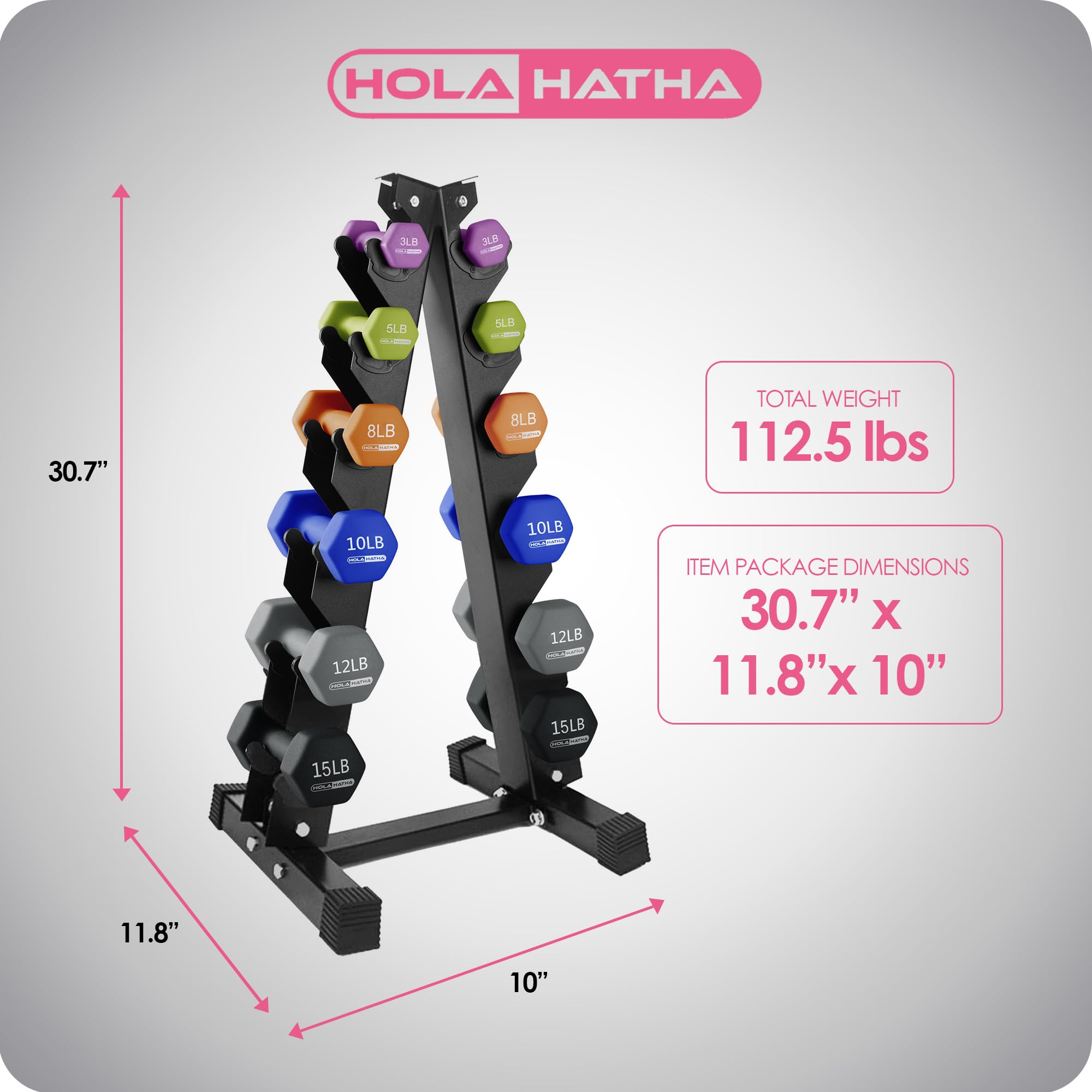 HolaHatha Neoprene Dumbbell Set with Storage Rack - 5-15lbs Free Weights for Home Gym, Strength Training & Toning | Perfect for HIIT, Yoga & Full-Body Workouts