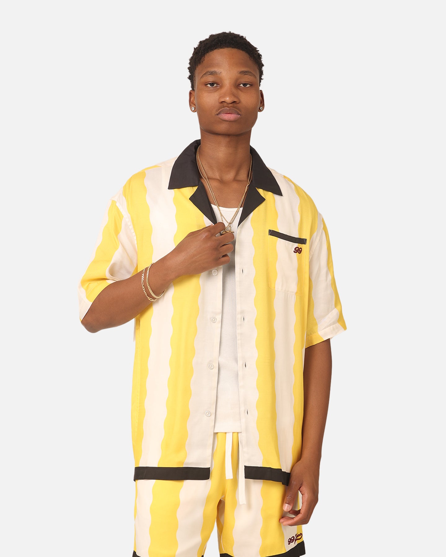 99 Cabana Bowling Short Sleeve Button Up Shirt for Men - Casual Hawaiian Aloha Shirt in Yellow/Off White - Perfect for Beach Parties, Summer Vacations & Tropical Getaways