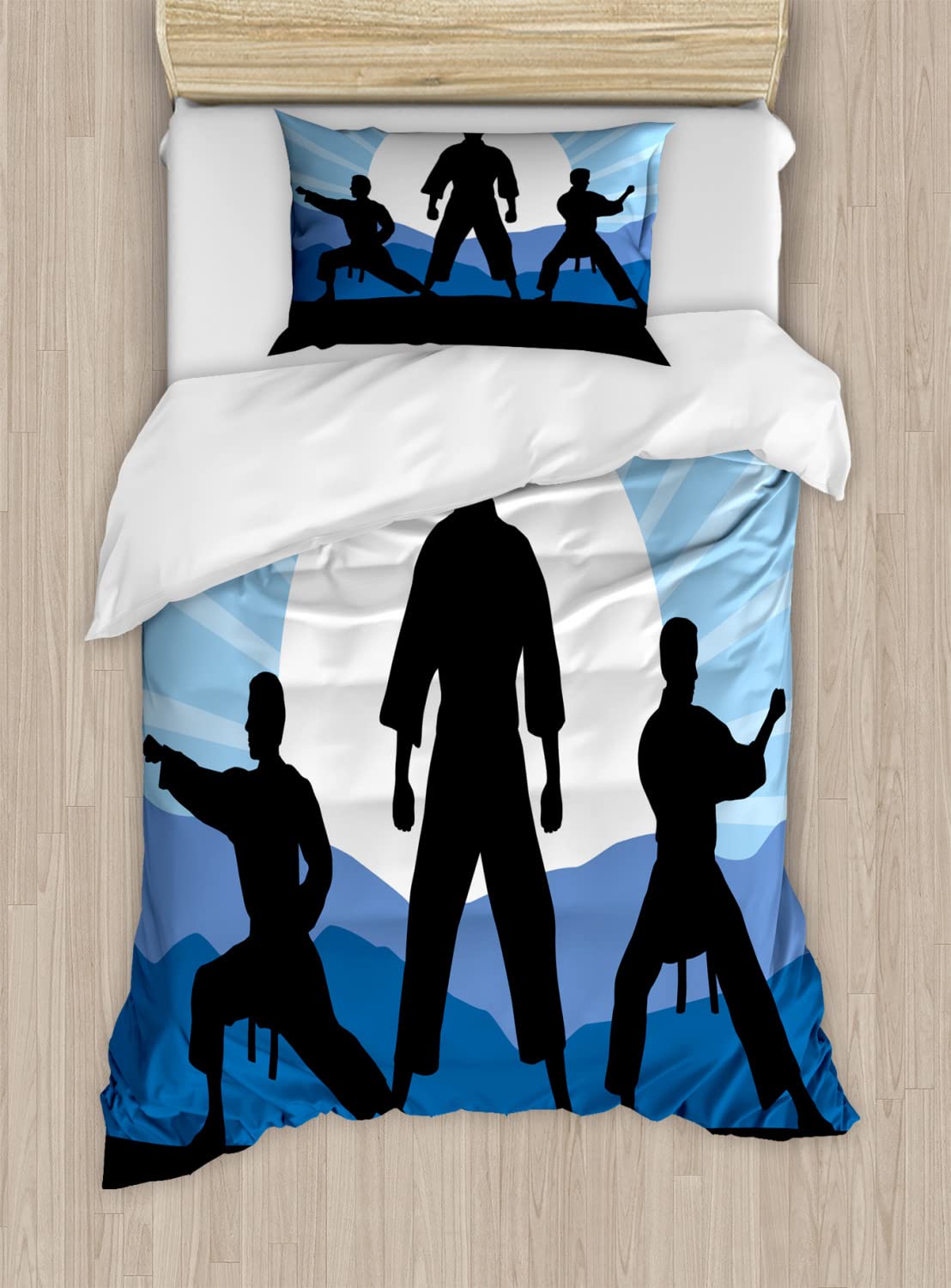 Ambesonne Kung Fu Duvet Cover Set - Karate Men Silhouettes on Sun Rays Mountains Design - 2 Pack California King Size Bedding Set with 2 Duvet Covers & 4 Pillowcases - Sky Blue - Perfect for Martial Arts Enthusiasts & Asian-Themed Bedrooms