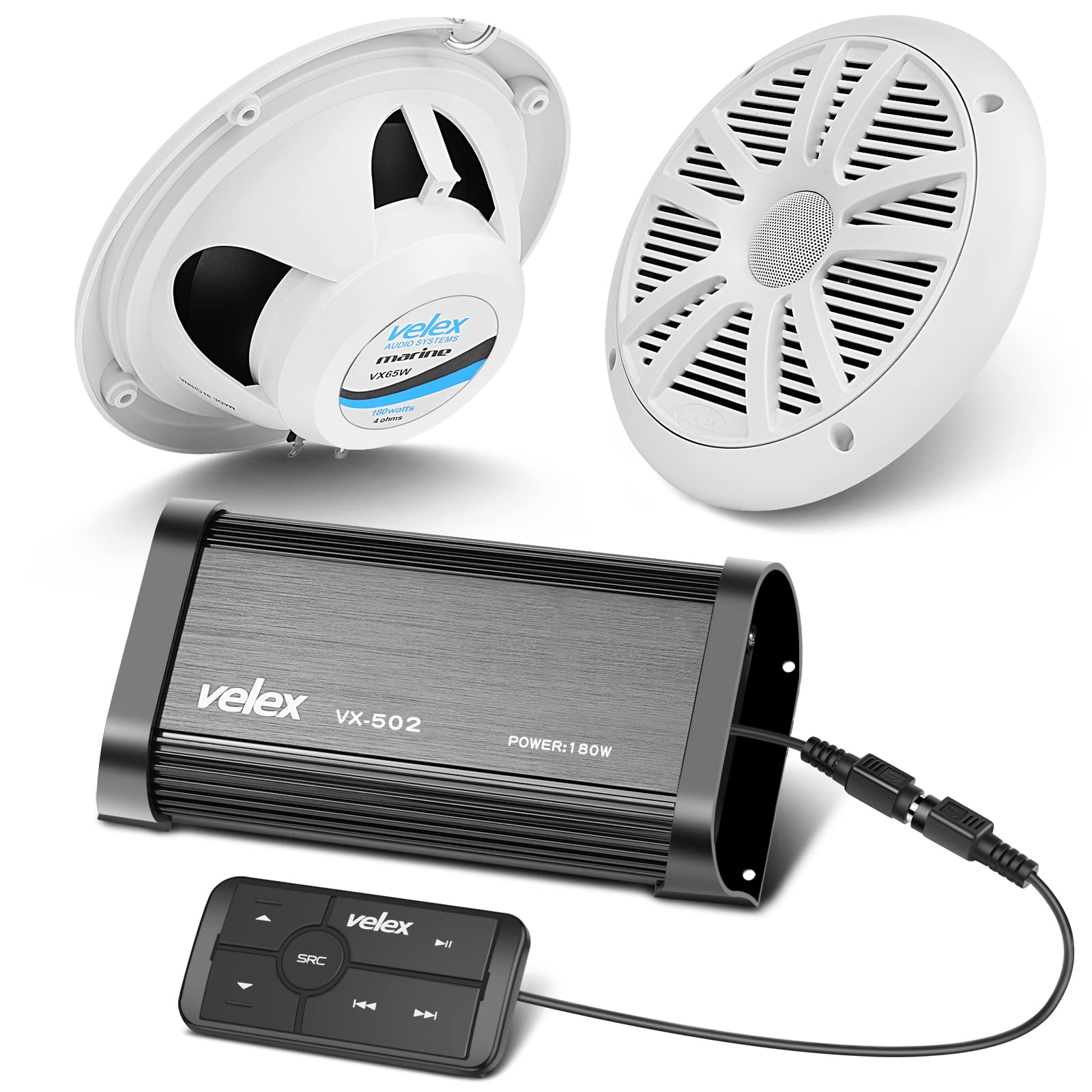 VELEX Marine Bluetooth Amplifier Speaker Package - Waterproof Outdoor Audio System for Boats, Pool Parties & Beach Events | High-Power Wireless Speaker with Bass Boost & LED Lights