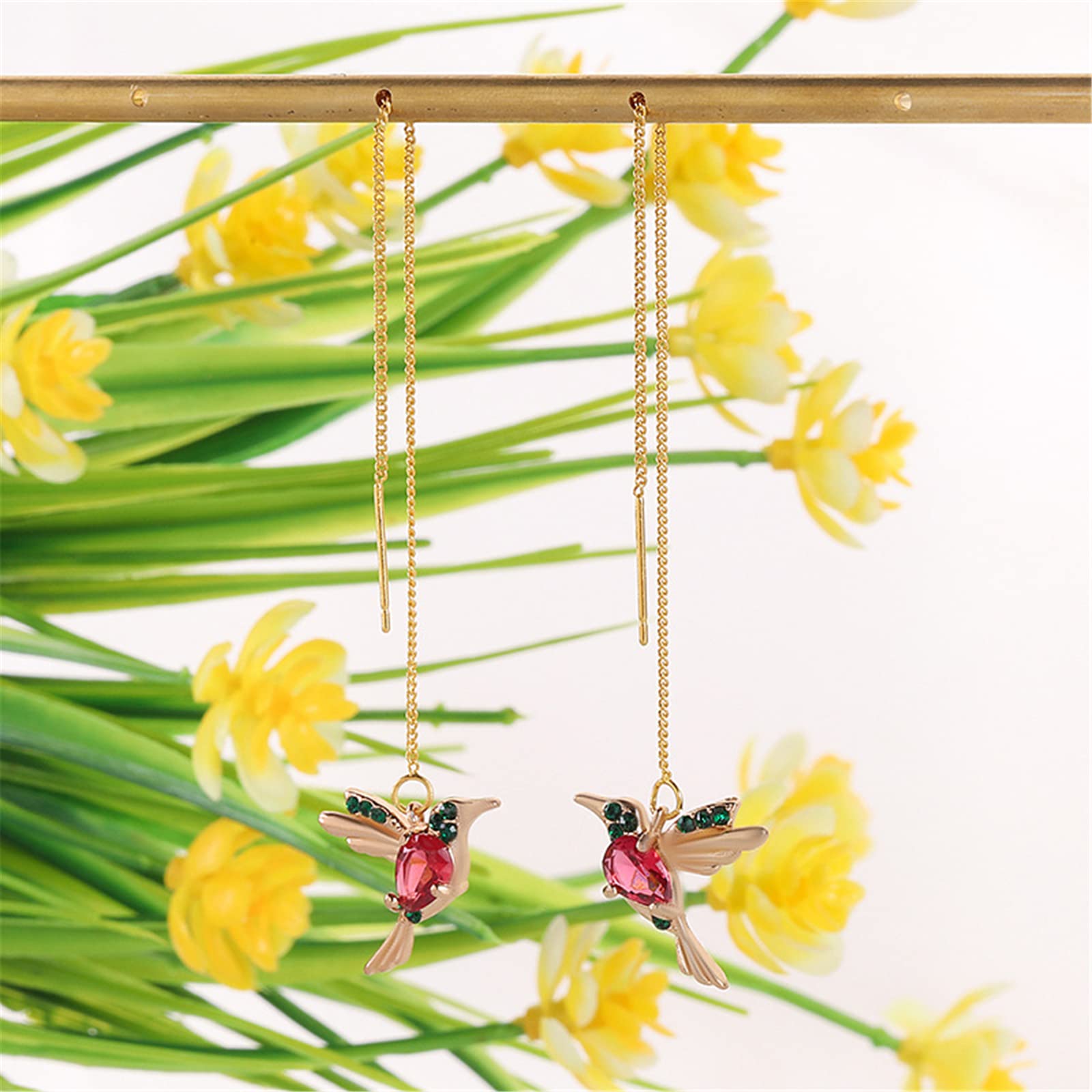 ONLYJUMP Crystal Hummingbird Earrings for Women - Long Tassel Threader Dangle Earrings, Colorful Cute Animal Bird Jewelry | Perfect for Parties, Weddings & Everyday Fashion Accessories