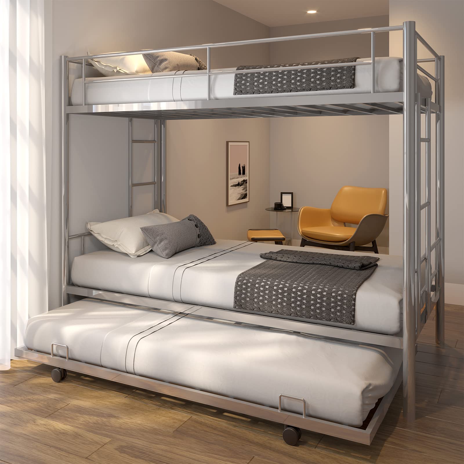 Modern Metal Twin Over Twin Bunk Bed with Trundle - Heavy Duty Bunkbed Frame with Slats for Adults, Teens, Boys & Girls - Space Saving Bedroom Solution for Small Rooms, Dorms & Guest Rooms (Silver)