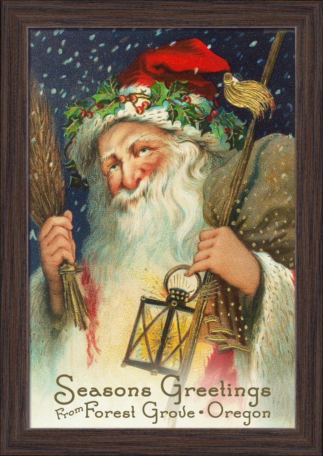 Santa Holding Lantern Fine Art Print - 12x18 Giclee on Recycled Wood Frame (Espresso Brown) - Christmas Home Decor, Holiday Wall Art for Living Room & Office