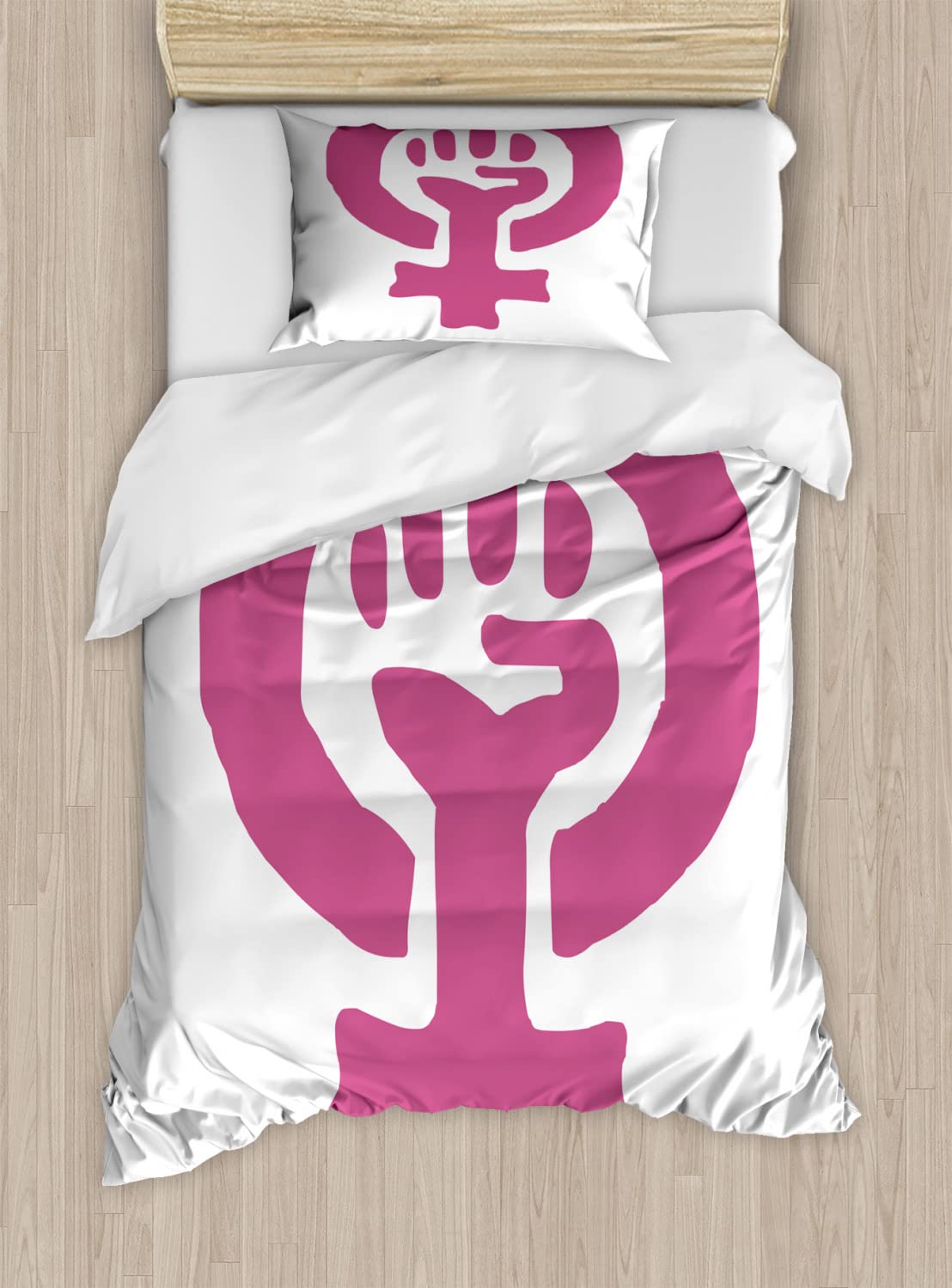 Ambesonne Feminist Duvet Cover Set - King Size 2-Pack with 2 Duvet Covers & 4 Pillowcases | Gender Equality & Human Rights Design in Magenta & White | Perfect for Women's Bedroom, Dorm Room & Feminist Home Decor