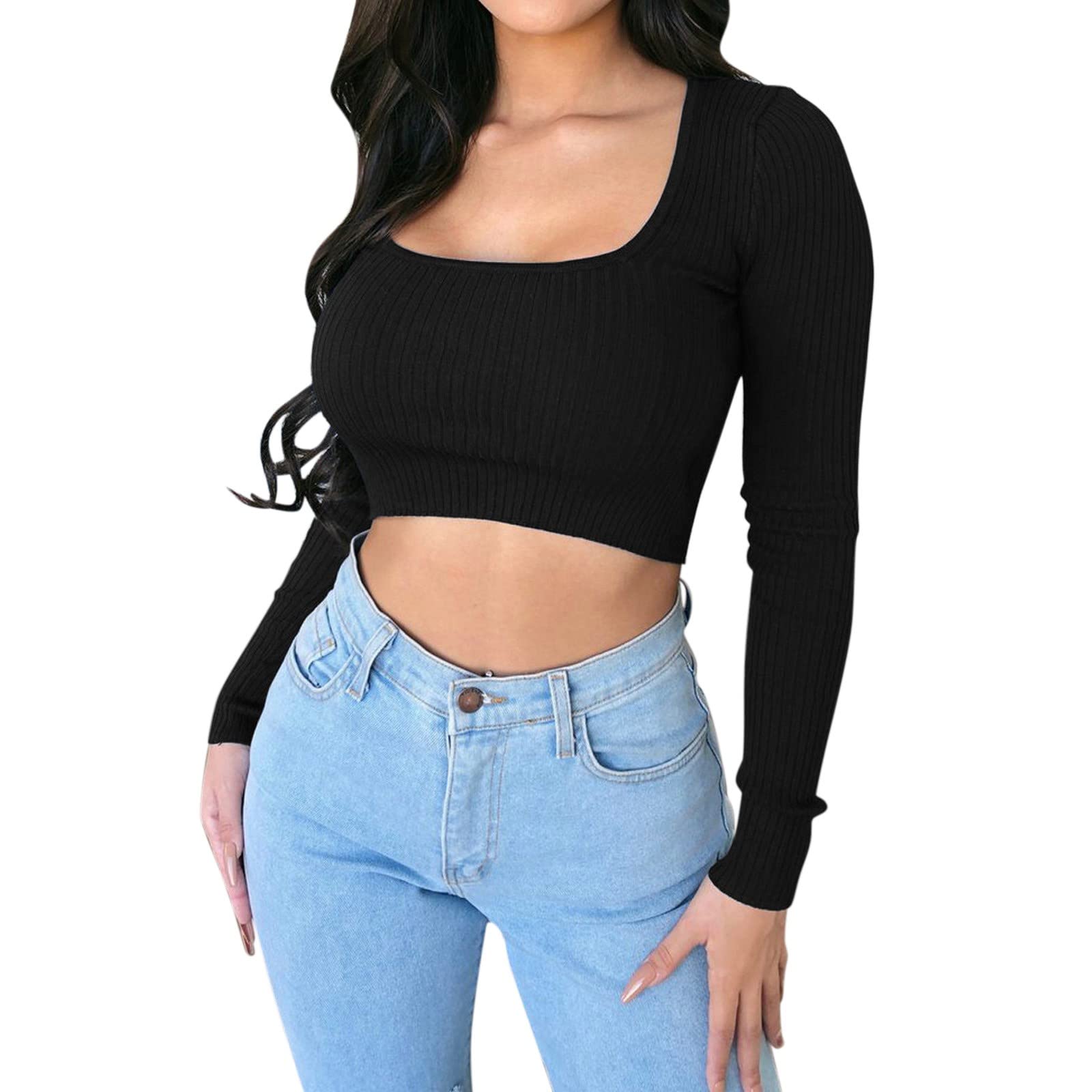 Women's Solid Color Long Sleeve Scoop Neck Slim Fit Athletic Tops - Casual Workout & Yoga Shirts for Women | Perfect for Gym, Running, and Everyday Wear