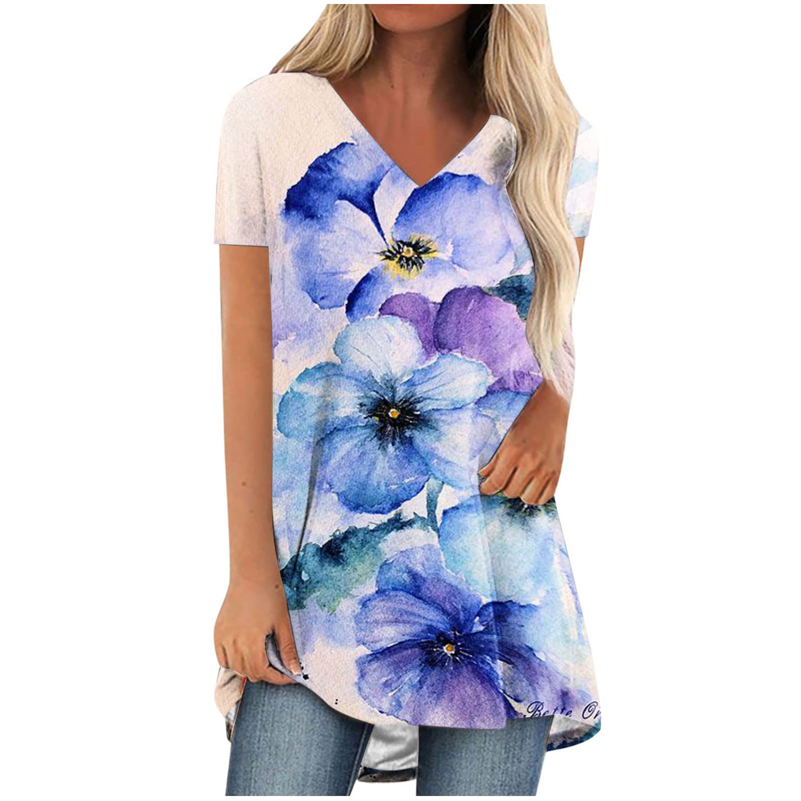 Women's Summer V-Neck Short Sleeve Graphic Tee - Artistic Painting Print Tunic Blouse for Casual Wear, Office, Party & Holiday | Comfortable Baggy Pullover Top | UK Size Available - Perfect for Beach Outings, Weekend Brunch and Summer Festivals