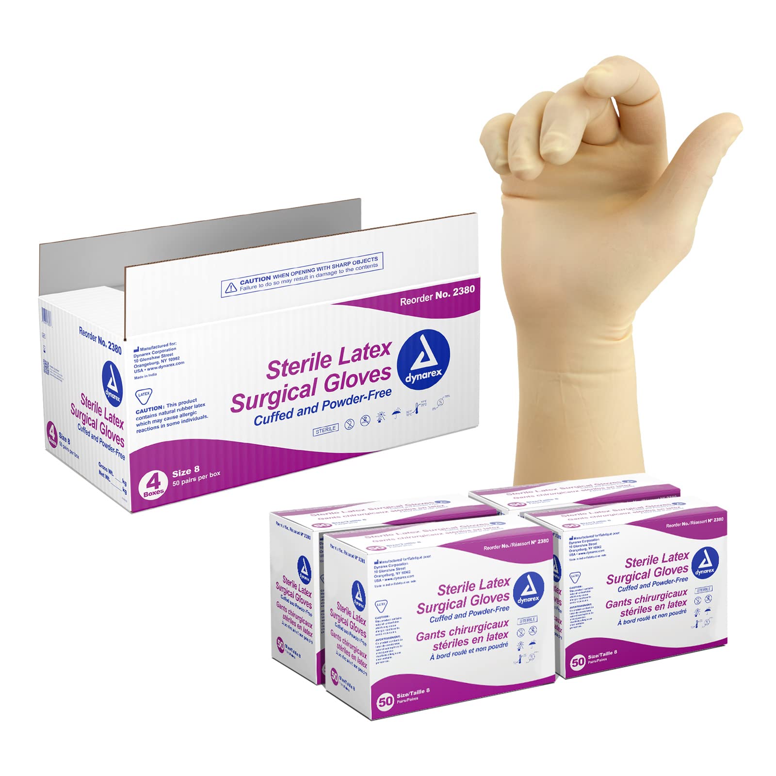 Dynarex Sterile Disposable Latex Surgical Gloves - Powder-Free, Individually Packed in Pairs - Medical Grade Exam Gloves for Healthcare Professionals - Size 8.0, 200 Pairs/Case - Ideal for Hospitals, Clinics & First Aid Kits