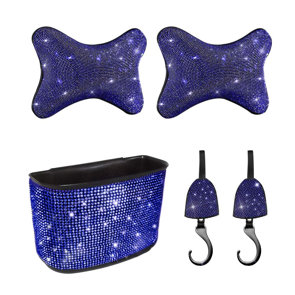 Sparkly Blue Car Accessories Set - 5-Piece Bling Car Decor Kit with Universal Headrest Neck Pillows, Glitter Garbage Can & Seat Back Hanger Hook | Perfect for Women's Car Interior Decoration & Road Trips