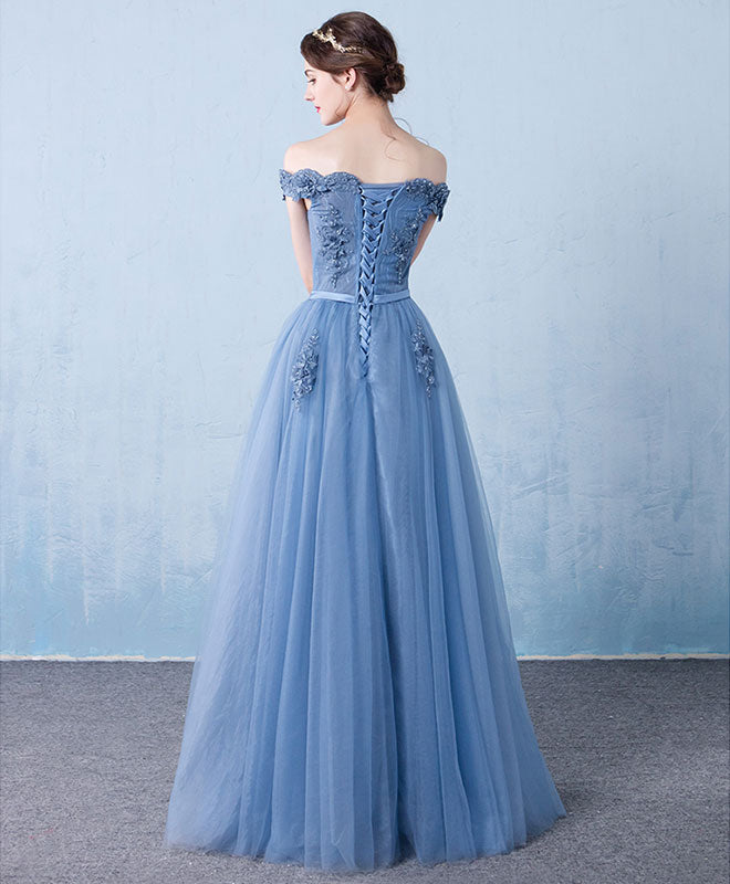 Elegant Blue Tulle Lace Off Shoulder Long Prom Dress with Beading - Perfect for Bridesmaid, Evening Gala & Formal Events