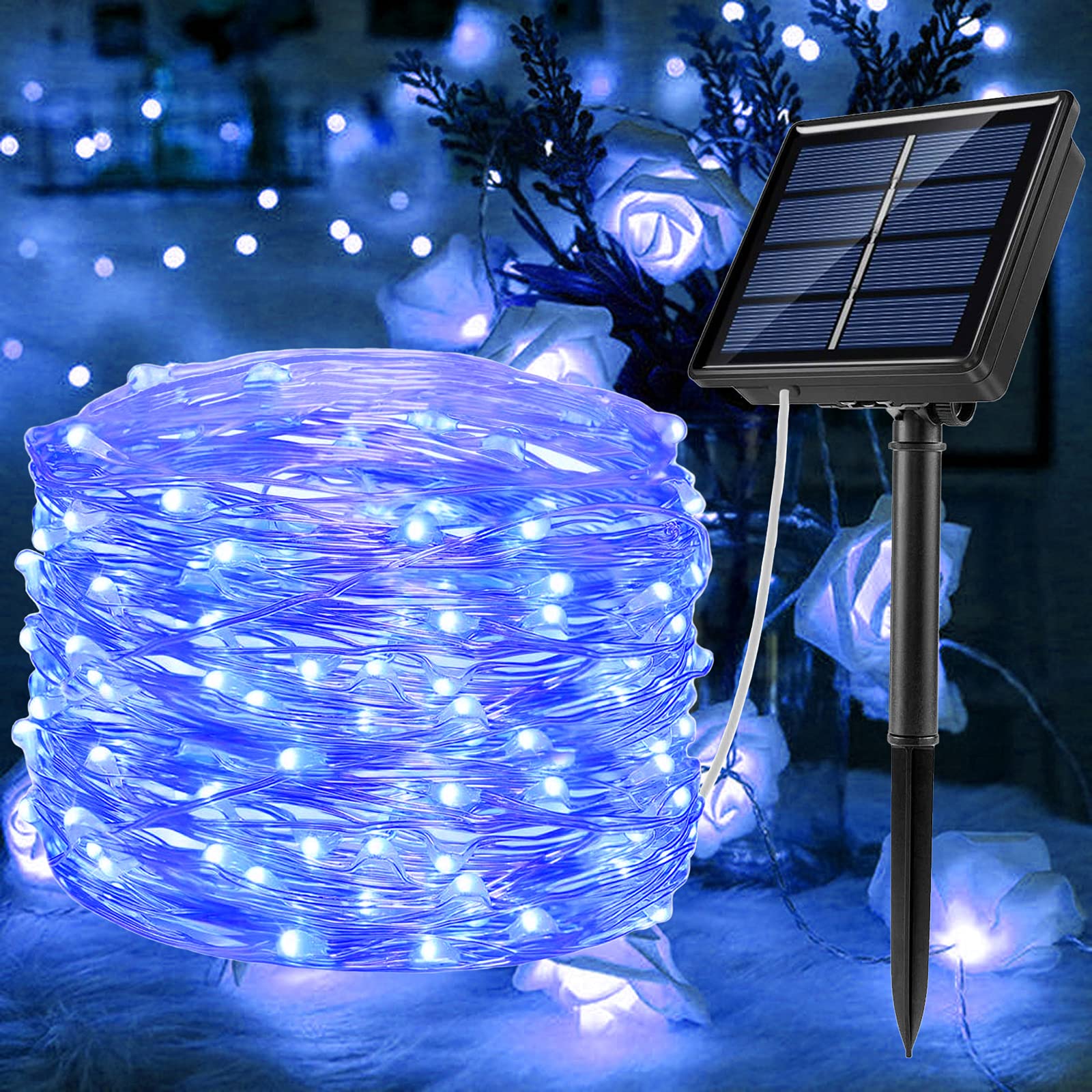33ft 100 LED Solar String Lights Outdoor Waterproof - 8 Modes Fairy Lights for Christmas, Garden, Patio, Wedding & Party Decoration | Blue Solar Powered Lights for Trees, Yard & Outdoor Decor