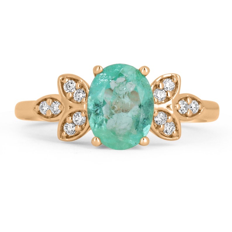 1.38tcw 14K Gold Colombian Emerald Oval Cut & Brilliant Round Diamond Leaf Ring for Women - Elegant Nature-Inspired Jewelry for Engagement, Wedding, Anniversary Gifts