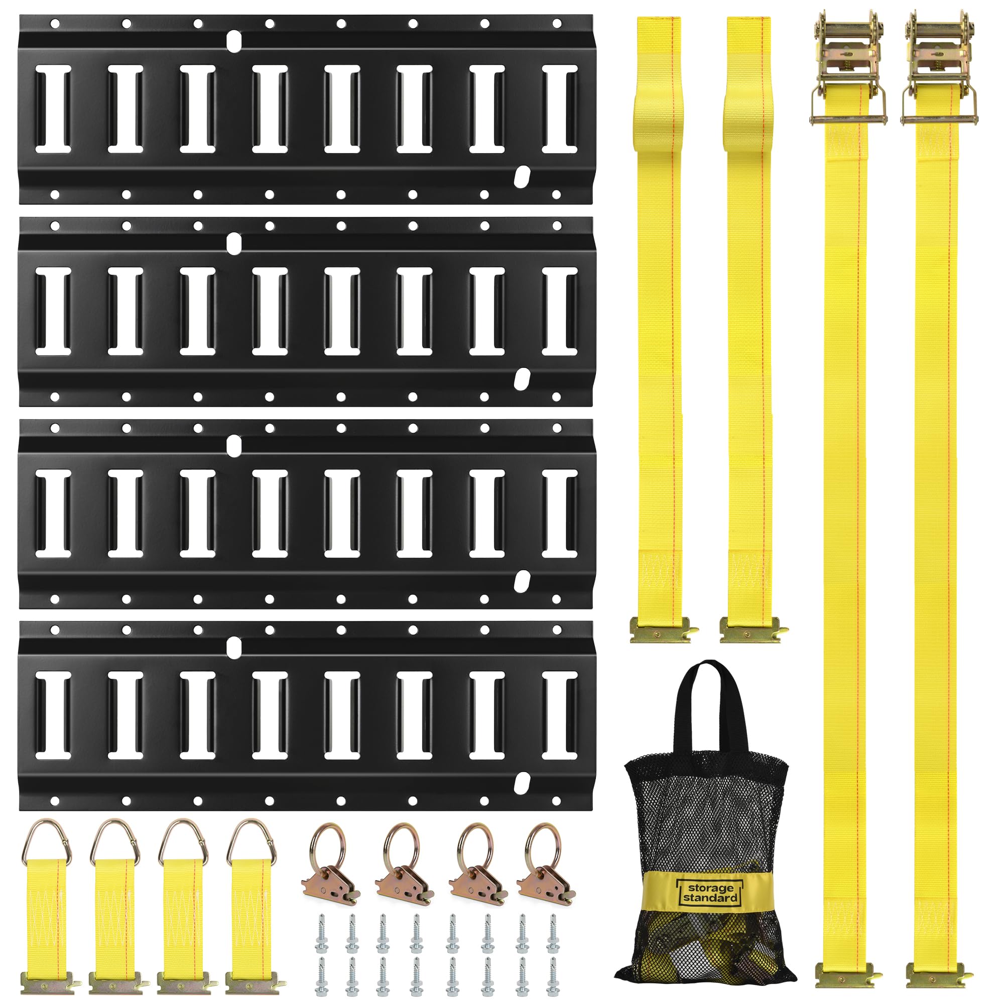 E Track Rail Tie-Down Kit - 4 Rails (16’’ Tracks) with E Track Accessories for Cargo Control - Heavy Duty Trailer Tie Downs & Anchors System - Perfect for Enclosed Trailers, Service Trucks & Vehicle Cargo Securing