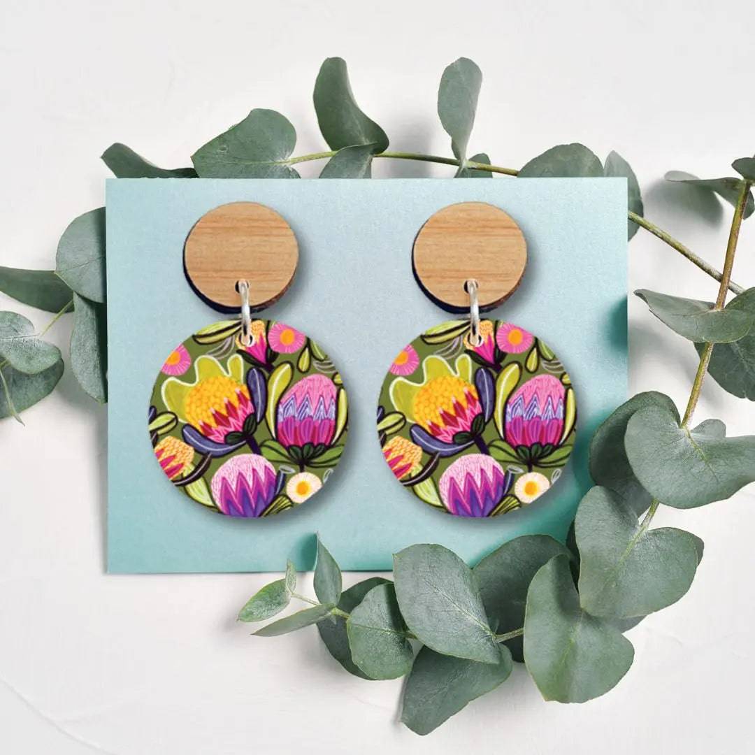 Sugarbush Proteas Australian Wooden Earrings - Handmade Boho Dangle Earrings for Women - Perfect for Festivals, Weddings & Boho Fashion