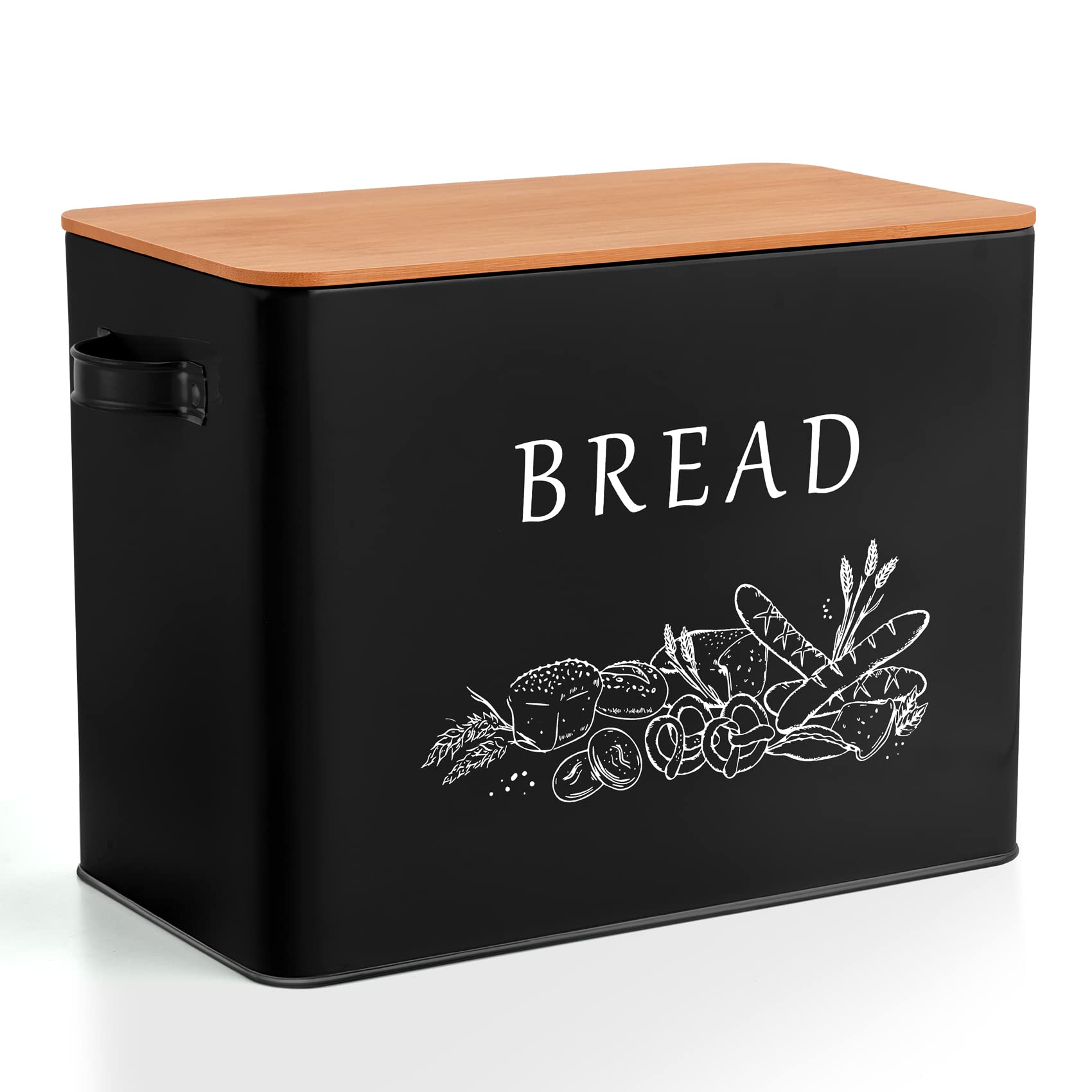 Vintage Metal Bread Box with Wooden Cutting Board Lid - Extra Large Bread Storage Container Holds 2 Loaves, Space-Saving Kitchen Countertop Organizer for Bread, Baguettes & Pastries - Heavy Duty Black Bread Bin for Home & Bakery Use