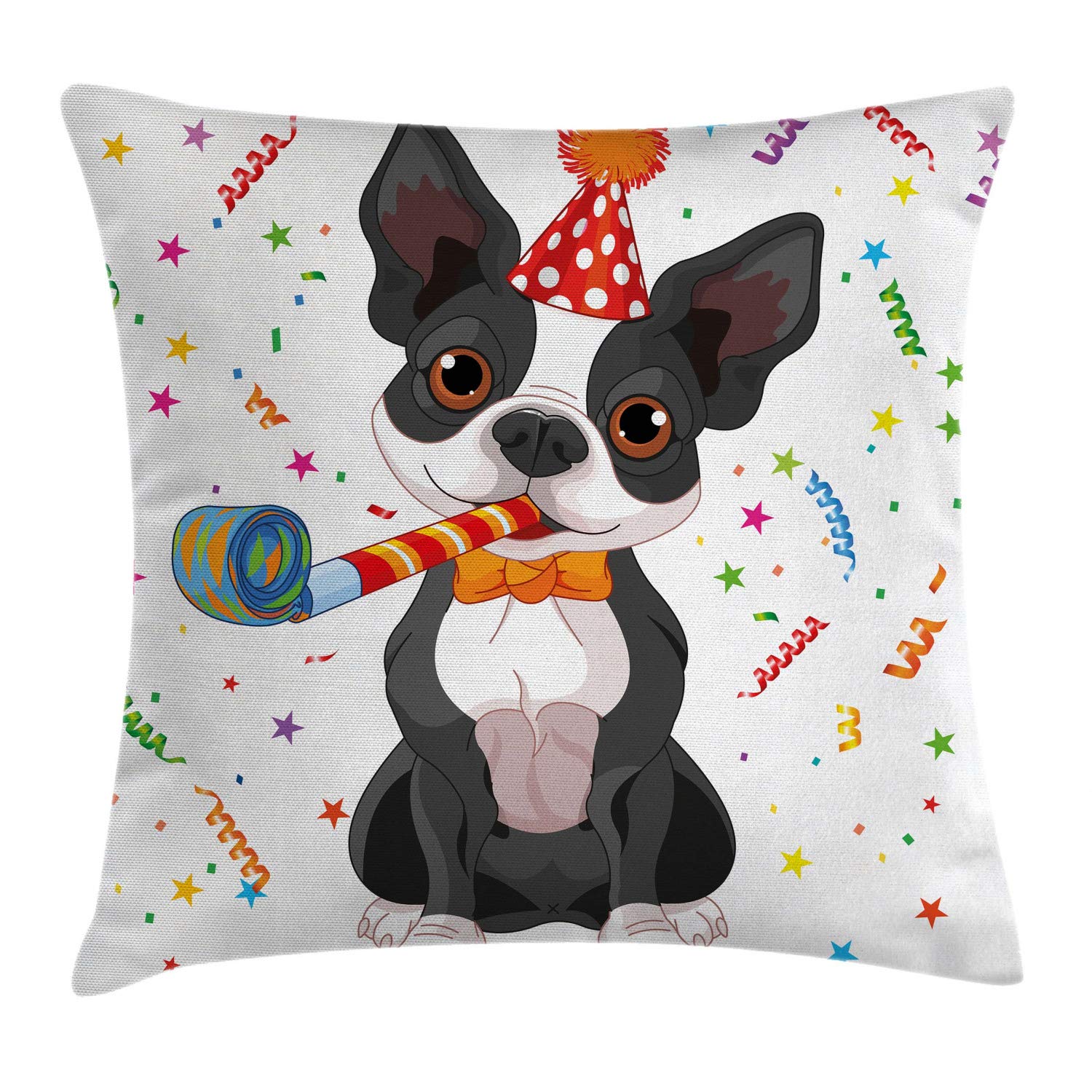 Ambesonne 28x28 Inch Boston Terrier Dog Throw Pillow Cover - Black & White Pet Design with Colorful Party Backdrop - Square Decorative Cushion Case for Birthday Celebrations, Home Decor, Living Room & Bedroom Accent
