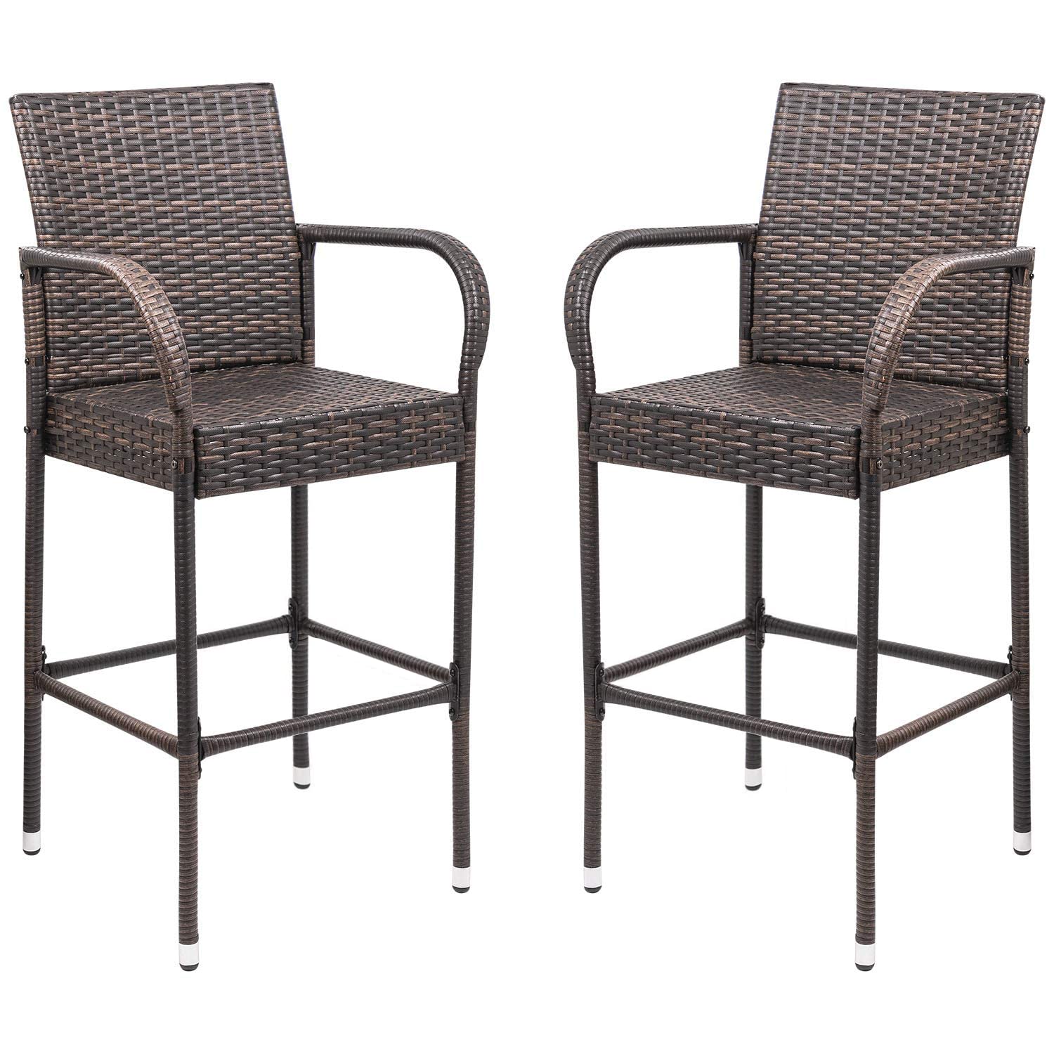 Homall 2-Pack Brown Wicker Bar Stools with Footrest & Armrest - Indoor Outdoor Patio Furniture for Garden, Pool, Lawn, Backyard - Perfect for Entertaining, Dining & Relaxing