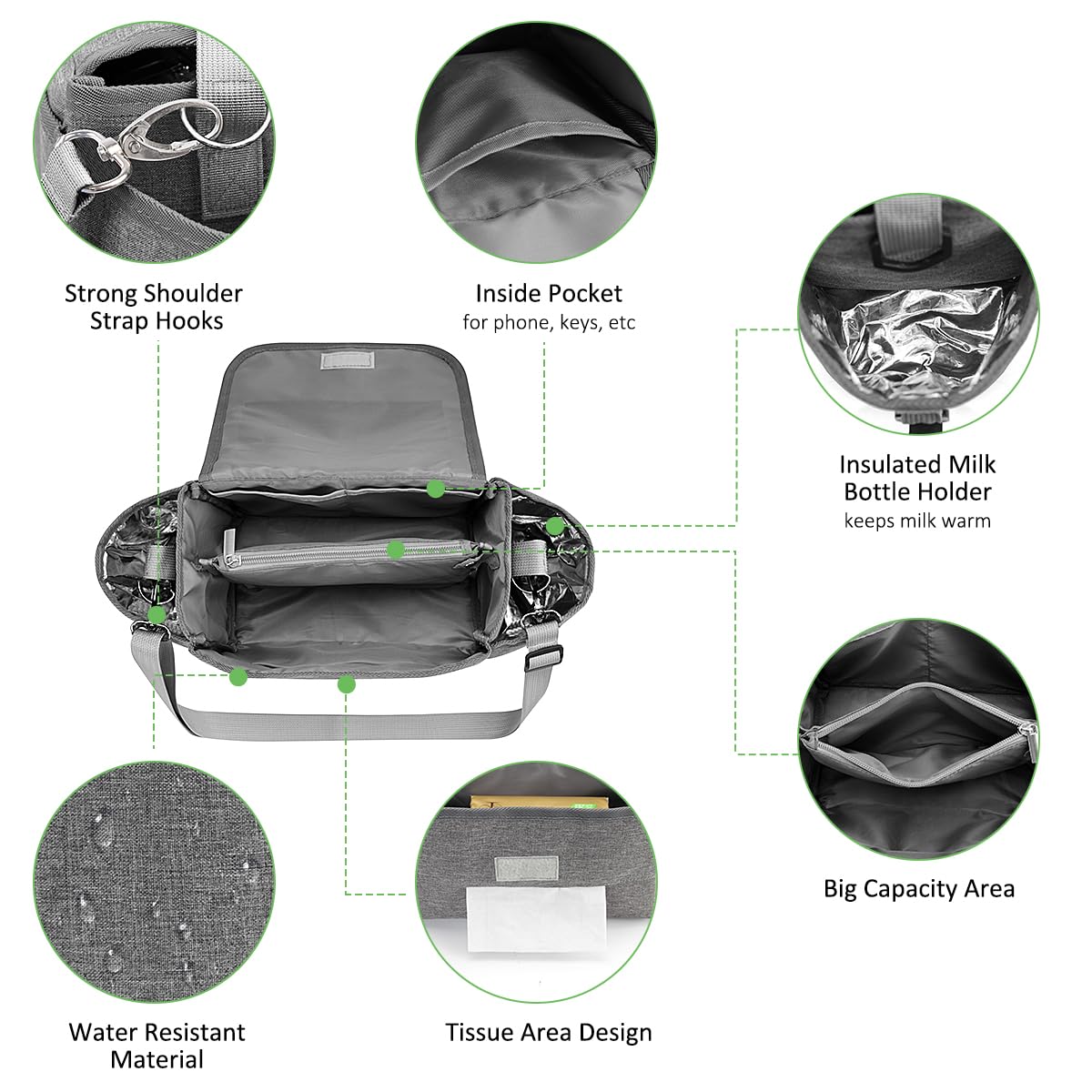 PHILORN Universal Stroller Organizer Bag with Insulated Cup Holder - Grey Stroller Caddy with Detachable Shoulder Strap & Large Storage Space | Perfect for Diapers, Toys & Snacks on the Go