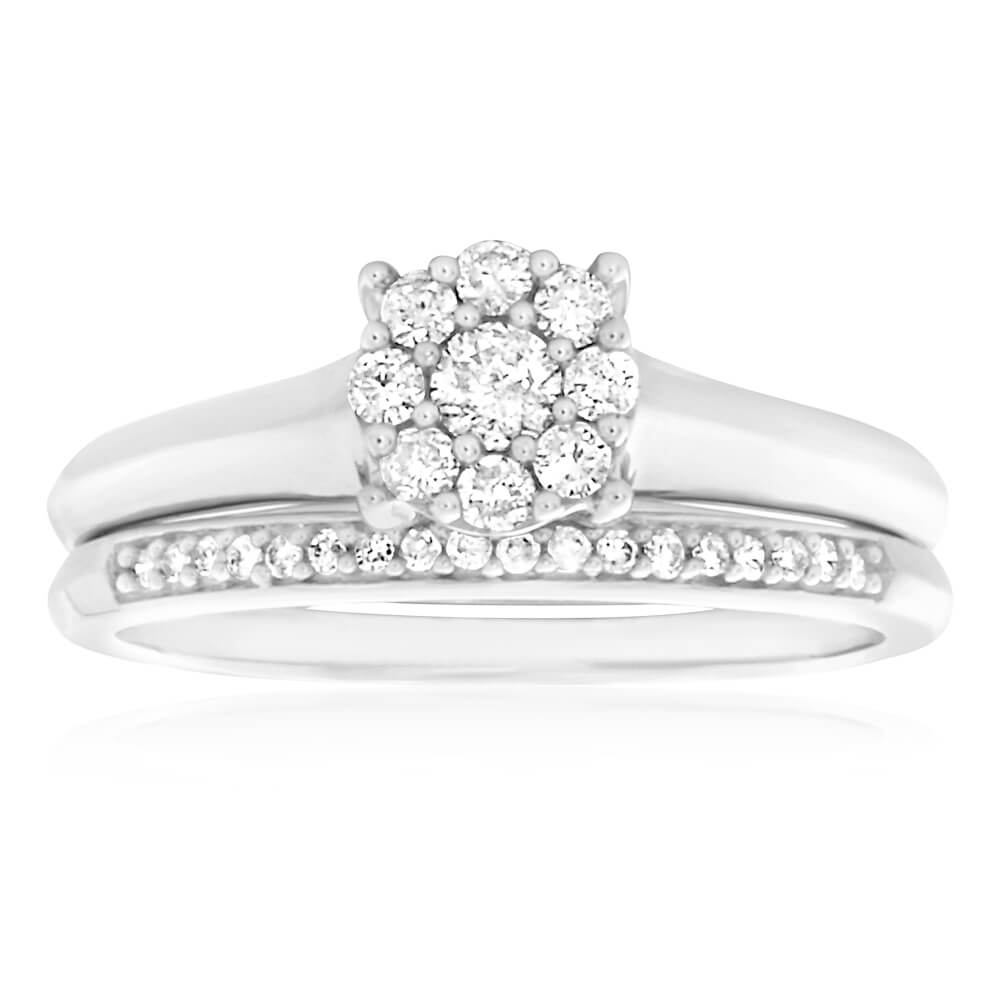 9ct White Gold 2 Ring Bridal Set With 1/3 Carat Brilliant Cut Diamonds - Elegant Wedding & Engagement Ring Set for Brides, Perfect for Proposals, Anniversaries and Special Occasions