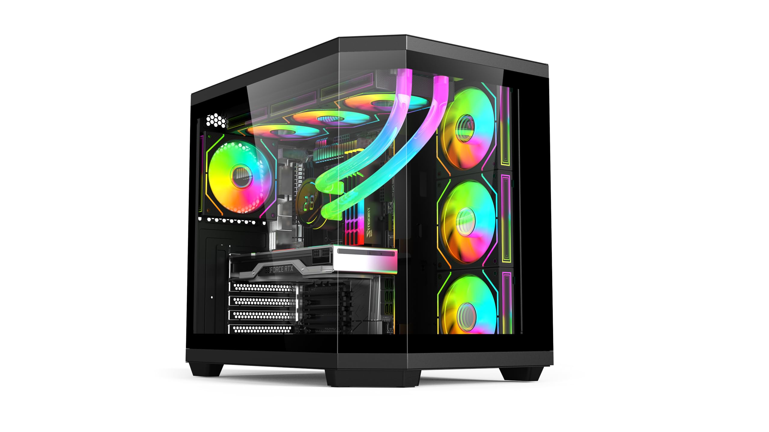 IONZ APEX Vision ATX Mid Tower PC Gaming Case - Dual Chamber Design, 4 ARGB PWM Fans & LCD Screen (Black) - Perfect for High-Performance Gaming Rigs & Custom PC Builds