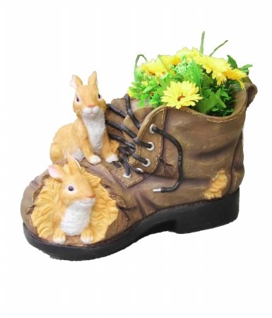 Two Rabbits Nesting in Shoe Sculpture with Flower Pot - Unique Home Decor for Living Room, Garden & Office