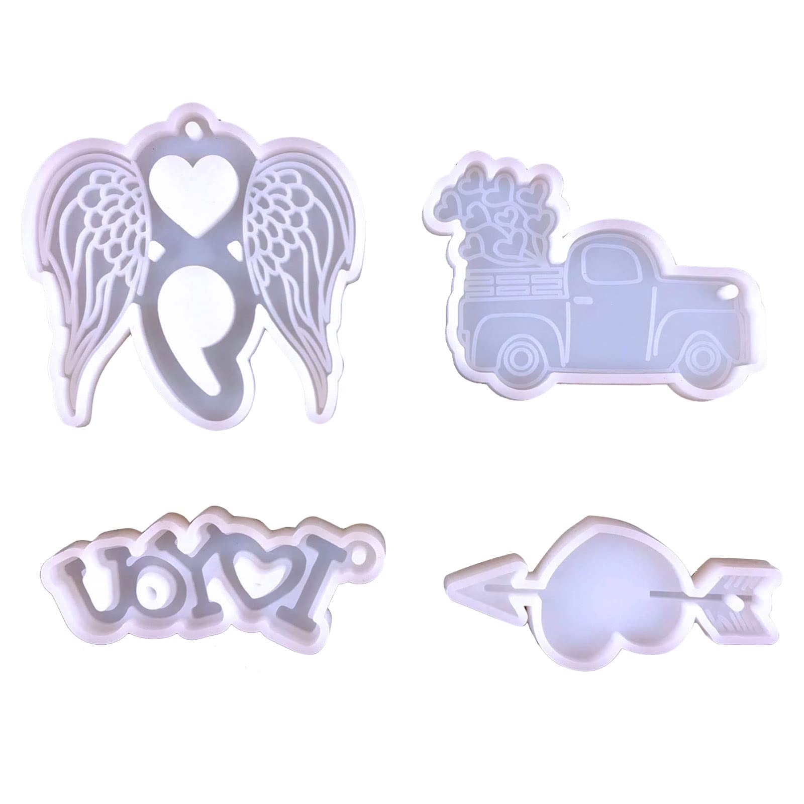 4-Piece Silicone Resin Molds for DIY Keychains & Jewelry Making - Truck, Heart, Wings Charms with Hanging Holes | Epoxy Casting Molds for Crafters | Perfect for Handmade Gifts, DIY Projects & Craft Shows