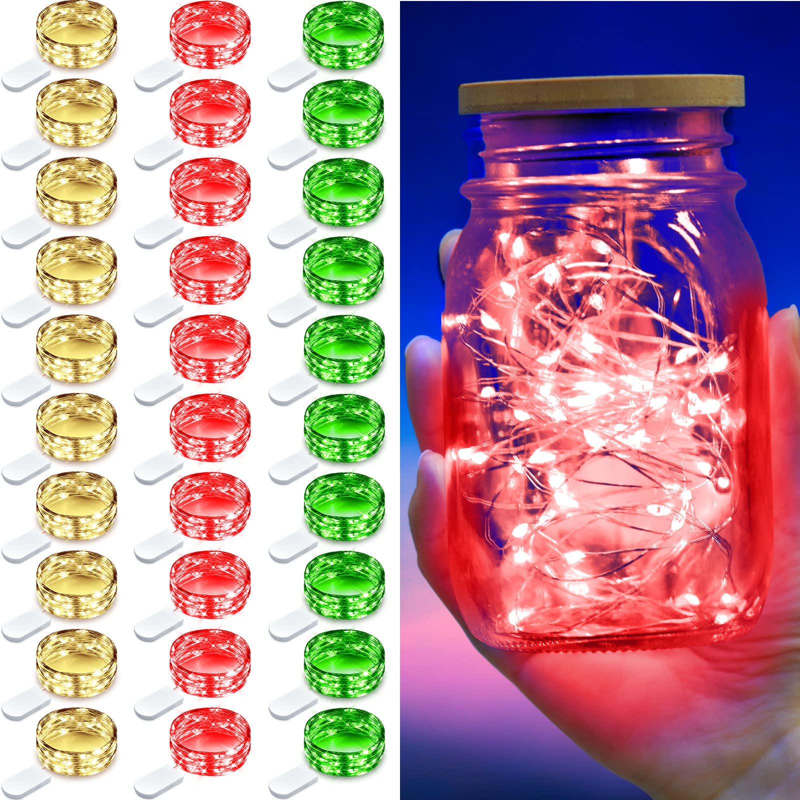 Remagr 30 Pack Christmas LED Fairy Lights - 6.5ft Battery Operated String Lights with 20 LEDs, Mini Waterproof Copper Wire Lights in Red/Green/Warm White - Perfect for Holiday Decor, Wedding Centerpieces & Indoor/Outdoor Party Lighting