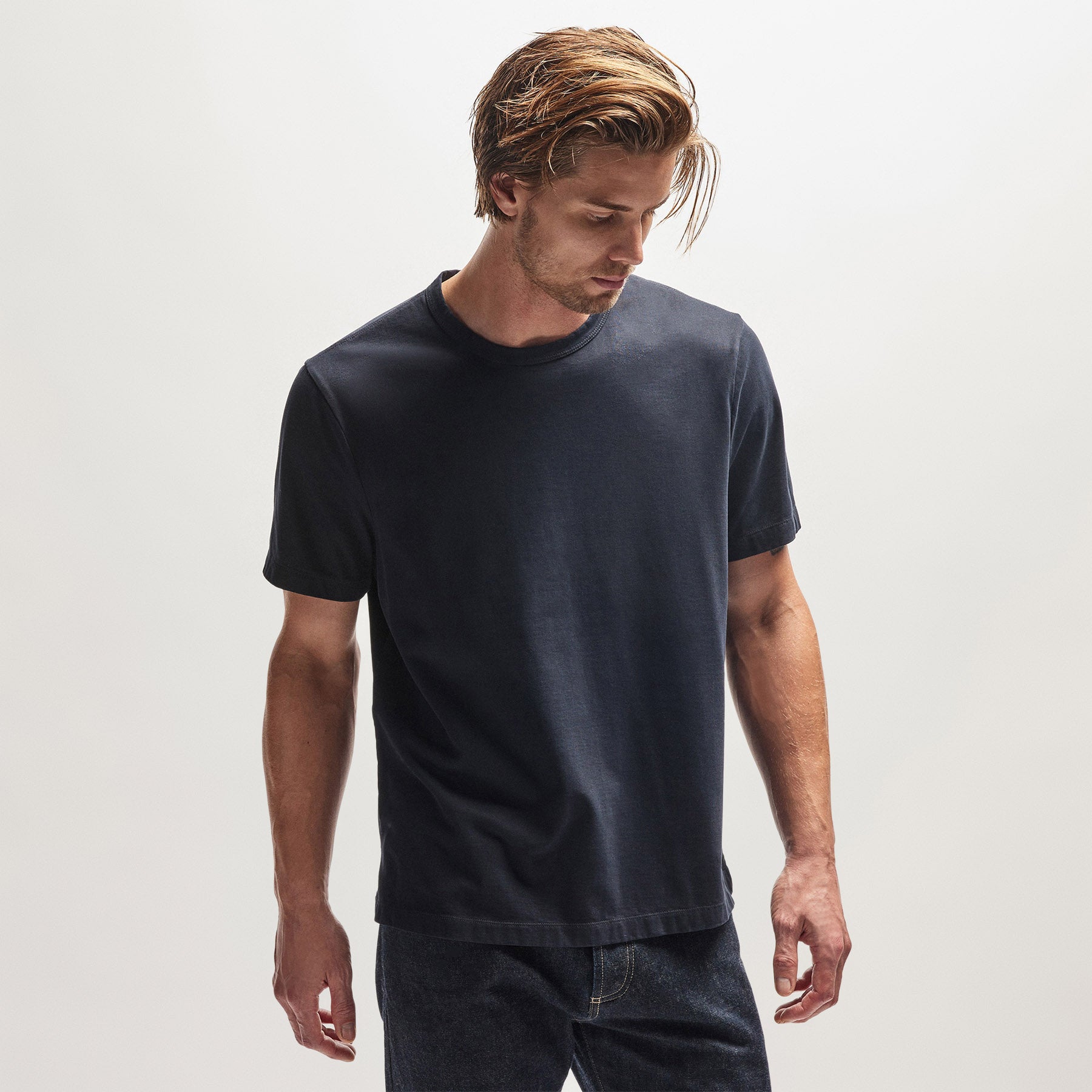 Heavy Luxe Jersey Crew Neck T-Shirt for Men - Soft French Navy Cotton Tee - Casual Wear, Layering & Everyday Outfits