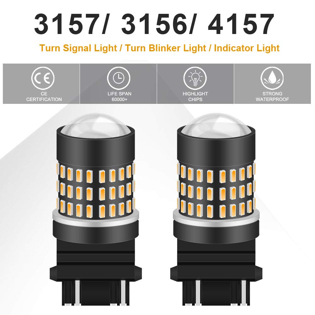 Amber 3157 3156 3057 4157 LED Bulbs - 1800LM High Brightness, 3014 SMD Chipsets with Lens Projector - Compatible with Turn Signal Lights, Side Marker Lights, Backup Lights - 12-24V DC (Pack of 2) - Perfect for Cars, Trucks, SUVs and Motorcycles